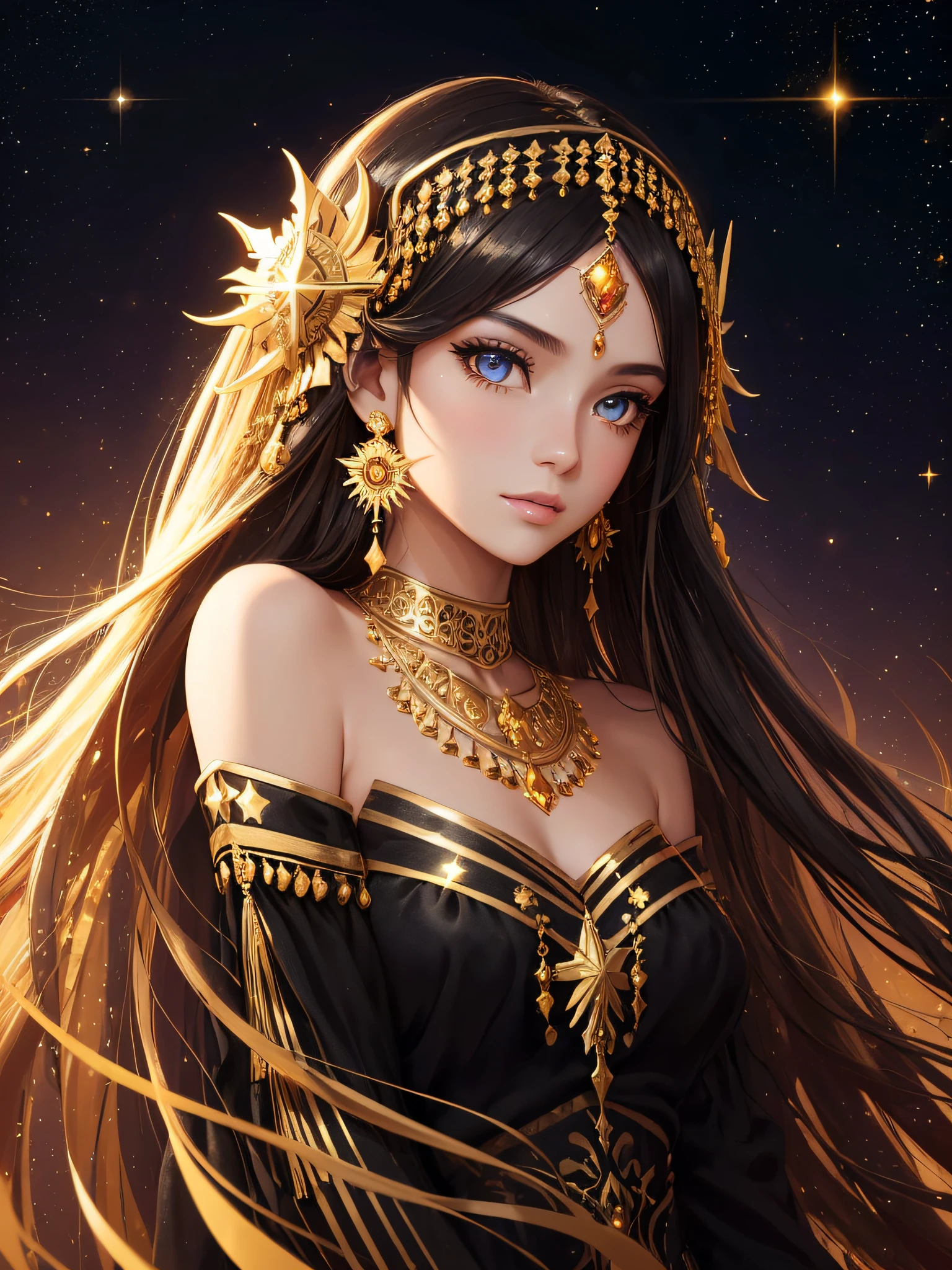 ((Half body photo)), facial close-up of a girl, long hair, gold headdress, gold earrings, gold streamers, off shoulder, (black dress, black dress), dark lines, gold decorations, sun, moon, holy, orange light, starry sky, night sky, cosmic background, goddess, beauty, clear eyes, correct hand painting, correct body painting