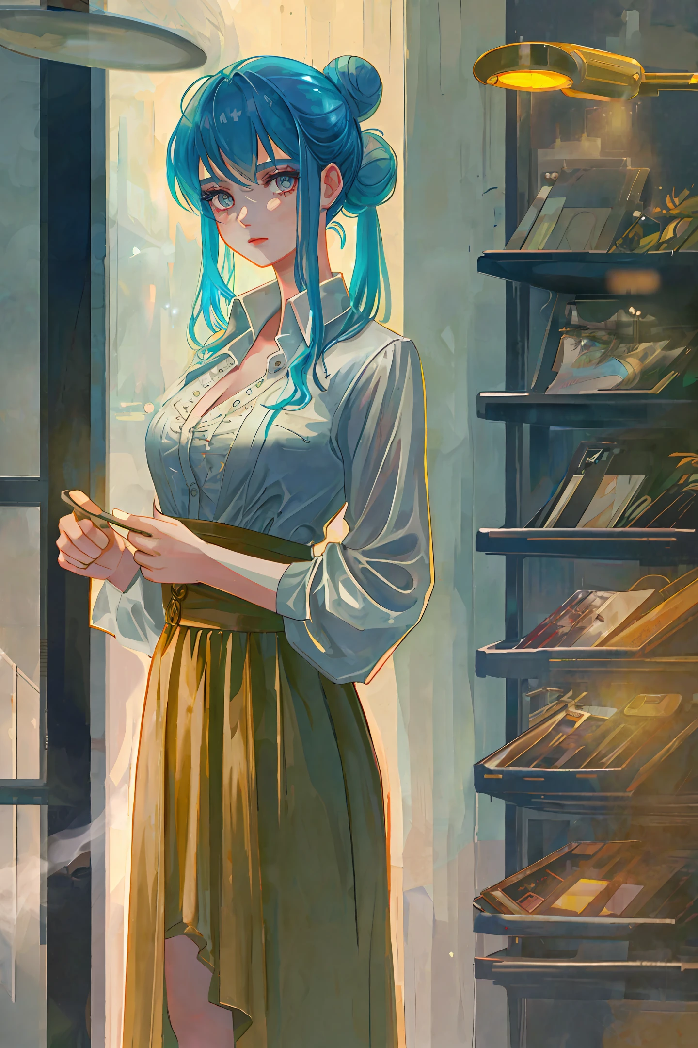 loraggl15, a girl is standing in the shower,1girl,unbuttoned shirt,lipstick,hair bun,colored inner hair,shushing,{steam},Looking at Viewer,golden hour lighting,comic,atmospheric perspective,bokeh,detailed,Cinematic light, intricate detail, highres, detaile...