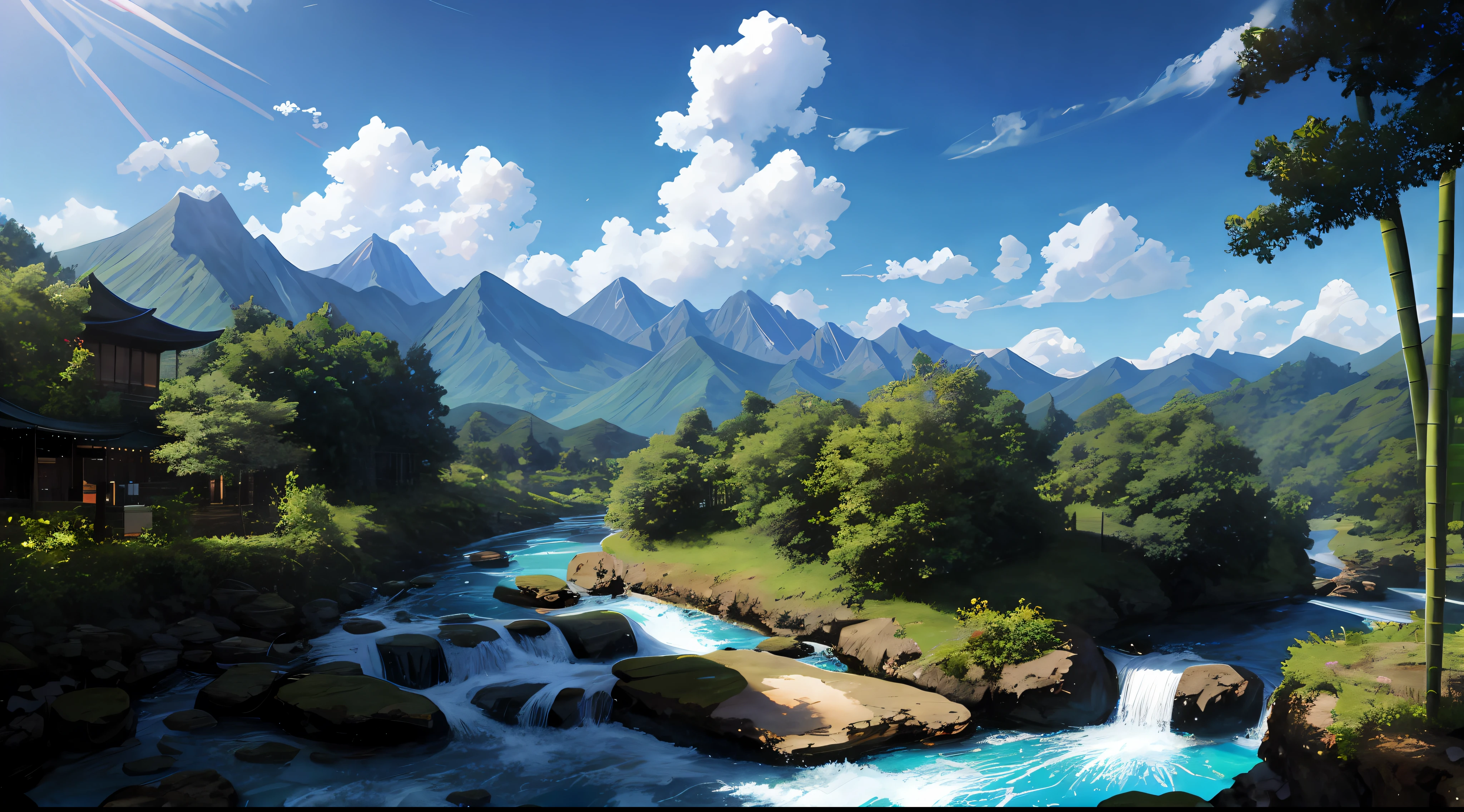 ConceptArt, no humans, scenery, day, tree, cloud, outdoors, nature, blue sky, mountain stream, bamboo forest