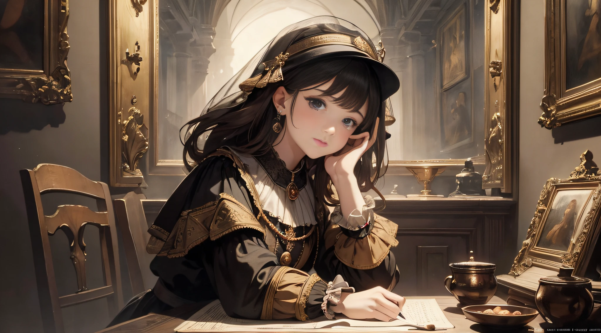 Masterpiece, best quality, young beautiful girl, super detailed, official art, Unity 8k wallpaper, giggle, Dutch Masters lighting, (Rembrandt style):1.2 dramatic chiaroscuro, rich colors, atmospheric depth, masterful technique