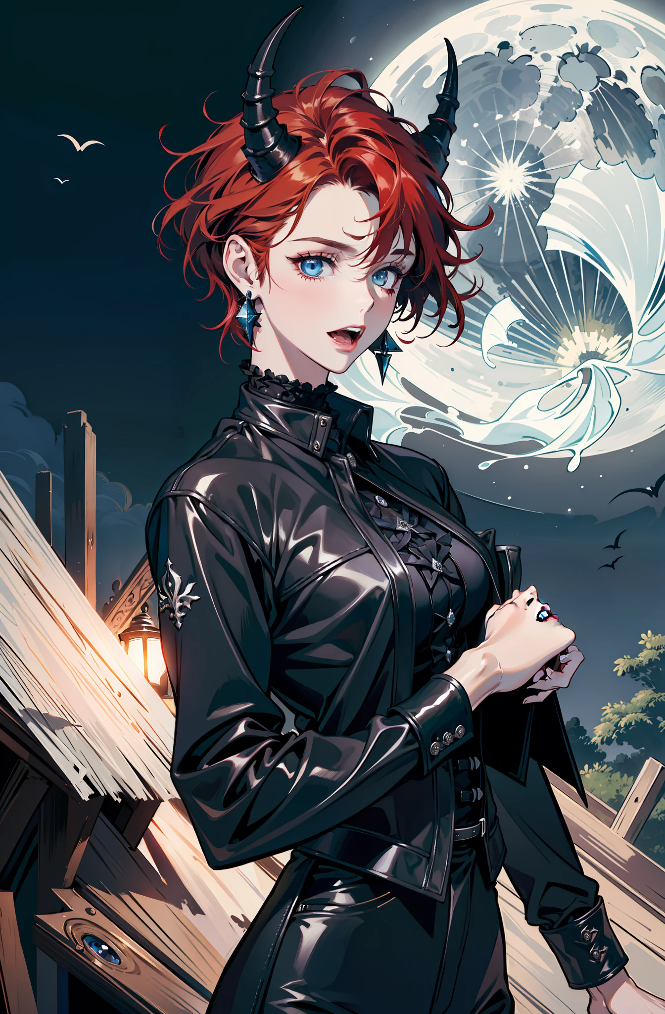 (absurdres, highres, ultra detailed), 1 girl, adult, handsome, tall, broad shoulders, finely detailed eyes and detailed face, black leather clothes, night, smile, dutch angle, short red hair, moon, forest, black horns in his head, silver details, earrings, black chocker, gothic, dark, vampire, black pants, horns, blue eyes, ((surprised)), ((open mouth surpirised)), ((very open eyes))