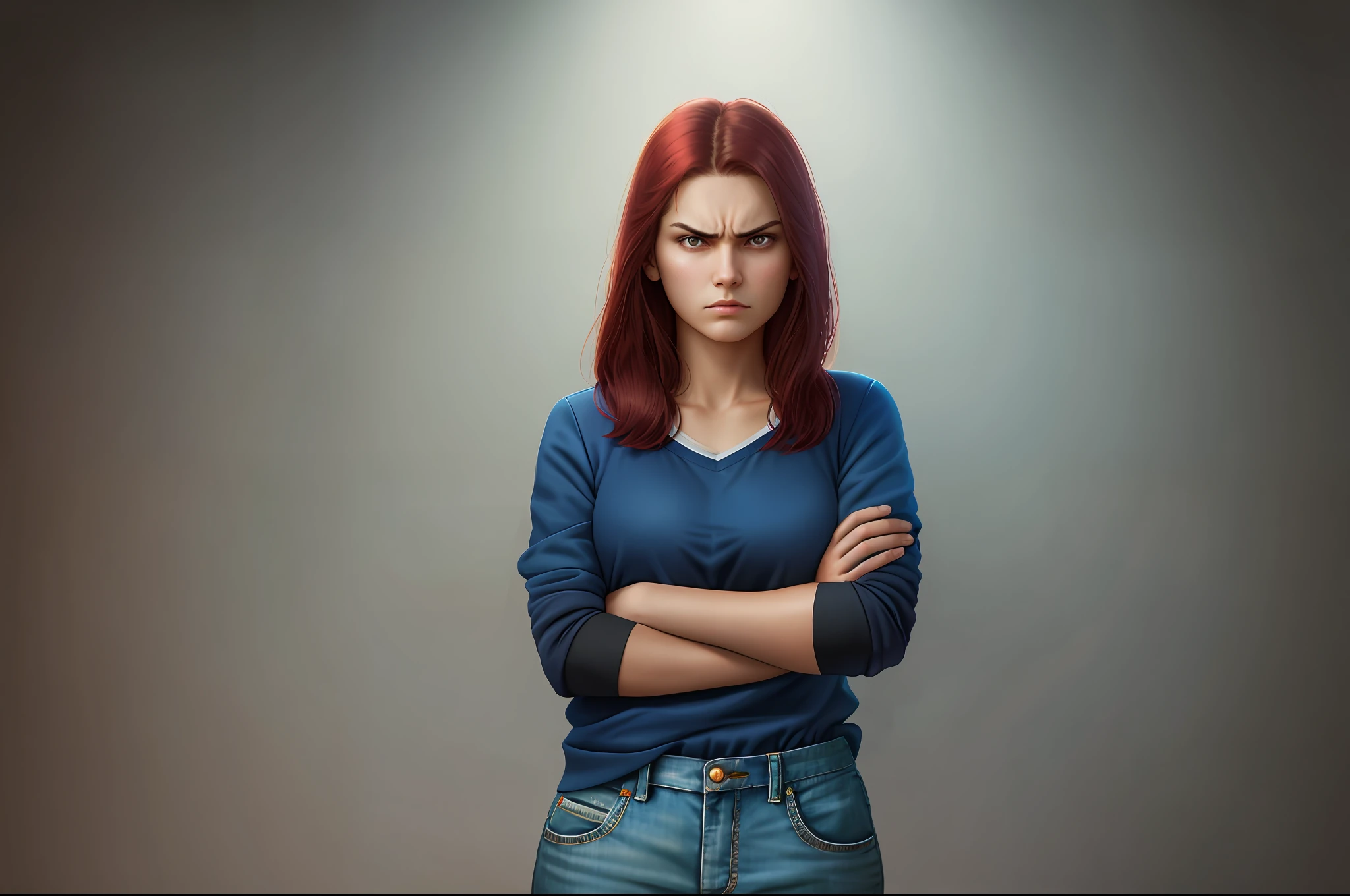 There is a woman standing with her arms crossed and looking at the camera, angry young woman, angry look looking at the camera, with serious facial expression, showing anger, bold serious expression