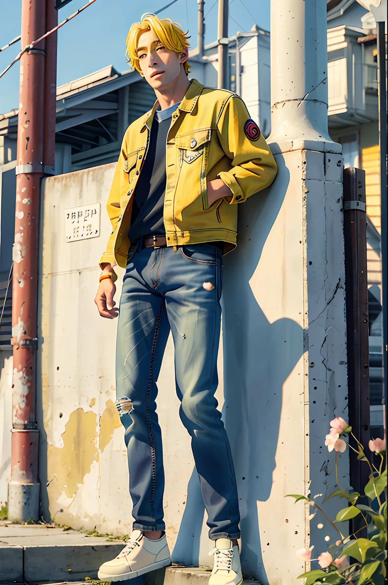 Boy, goose egg face, high nose bridge, peach blossom eyes, inner double eyelids, yellow hair, denim jacket jeans