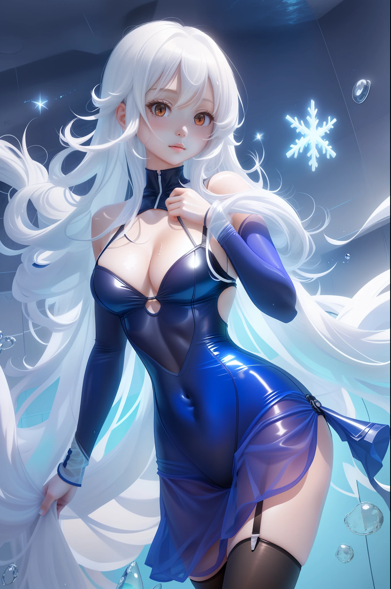Girl long hair bangs hair covering eye quality swimsuit Mini skirt short wet transparent clothing beautiful body rtx 4k Anime bathroom showing body boobs realistic shadows HairWhite hair Volumous hair look sexy
