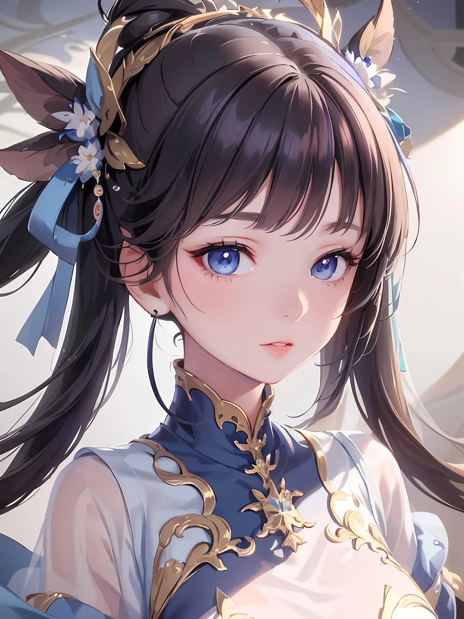 a close up of a woman with a blue dress and a flower in her hair, palace ， a girl in hanfu, beautiful character painting, detailed portrait of anime girl, beautiful anime portrait, guweiz, artwork in the style of guweiz, beautiful anime girl, stunning anime face portrait, detailed digital anime art, cute anime waifu in a nice dress