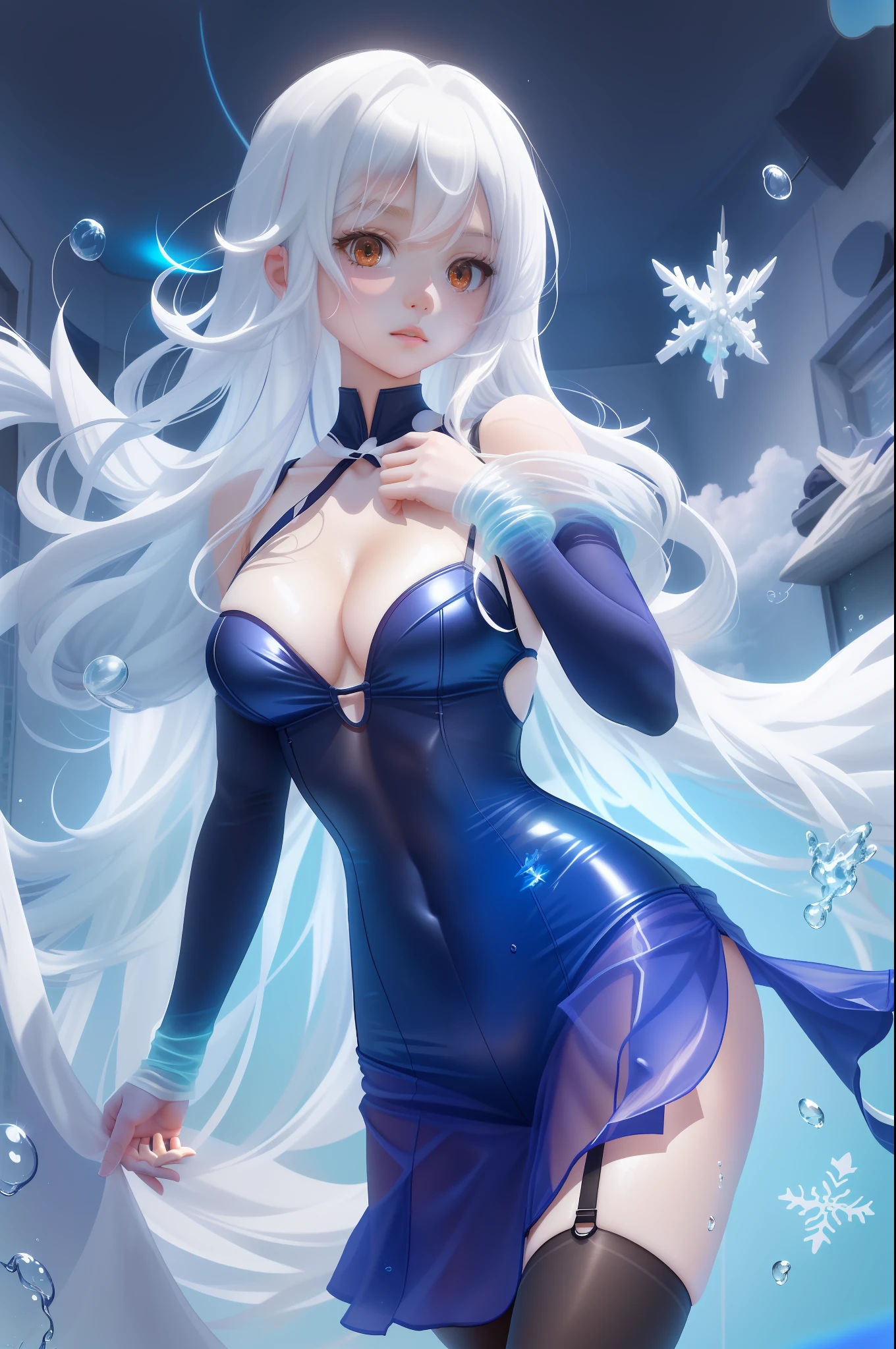 Girl long hair bangs hair covering eye quality swimsuit Mini skirt short wet transparent clothing beautiful body rtx 4k Anime bathroom showing body boobs realistic shadows HairWhite hair Volumous hair look sexy