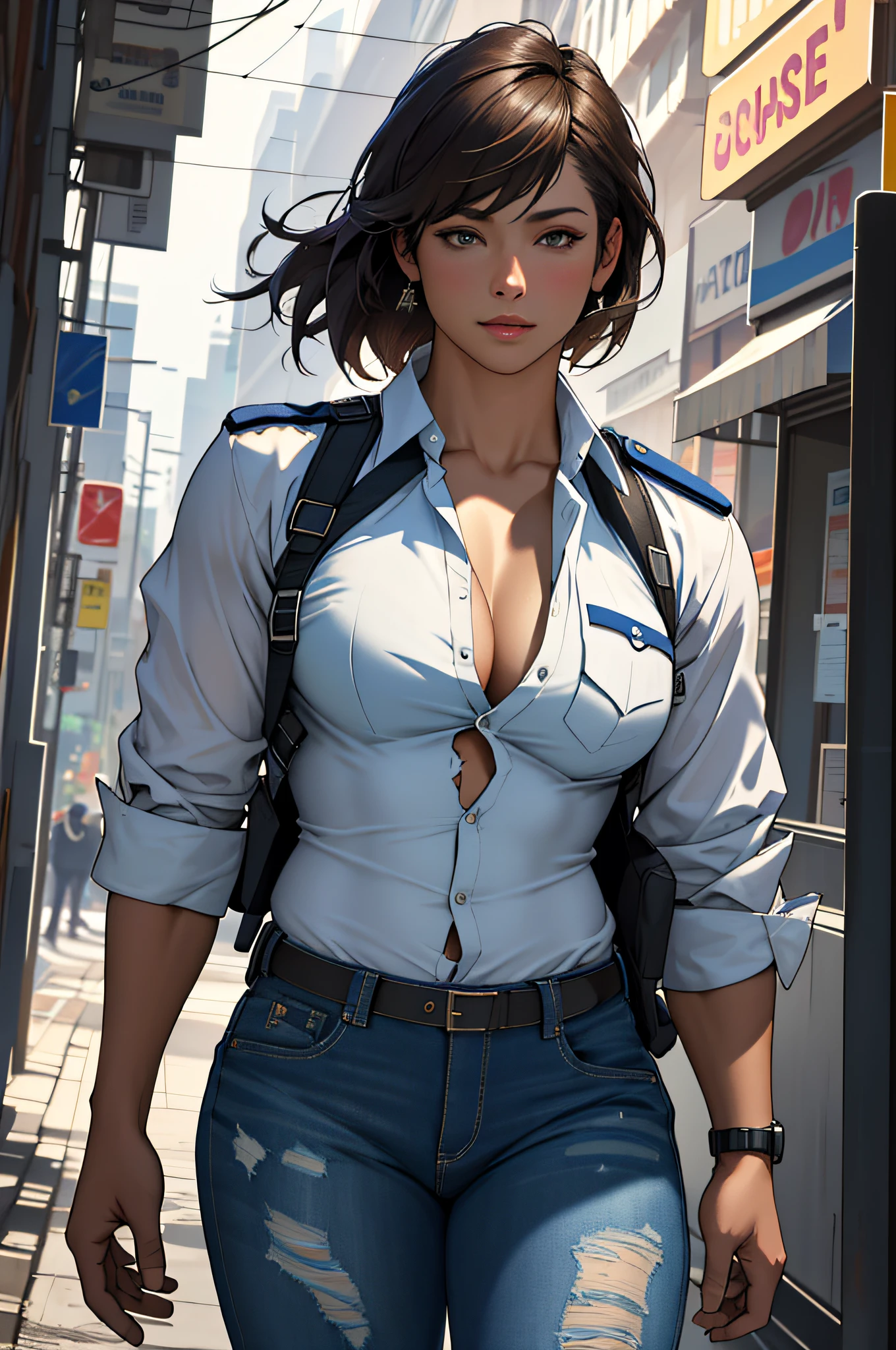 Best Quality, Masterpiece, Ultra High Resolution, Detailed Background, Realistic, Illustration, Shot, Solo, Woman, Muscular Woman, Police Uniform, Open Shirt, Erotica, Torn Pants, Street, Muscular, Volumetric Lighting, Depth of Field