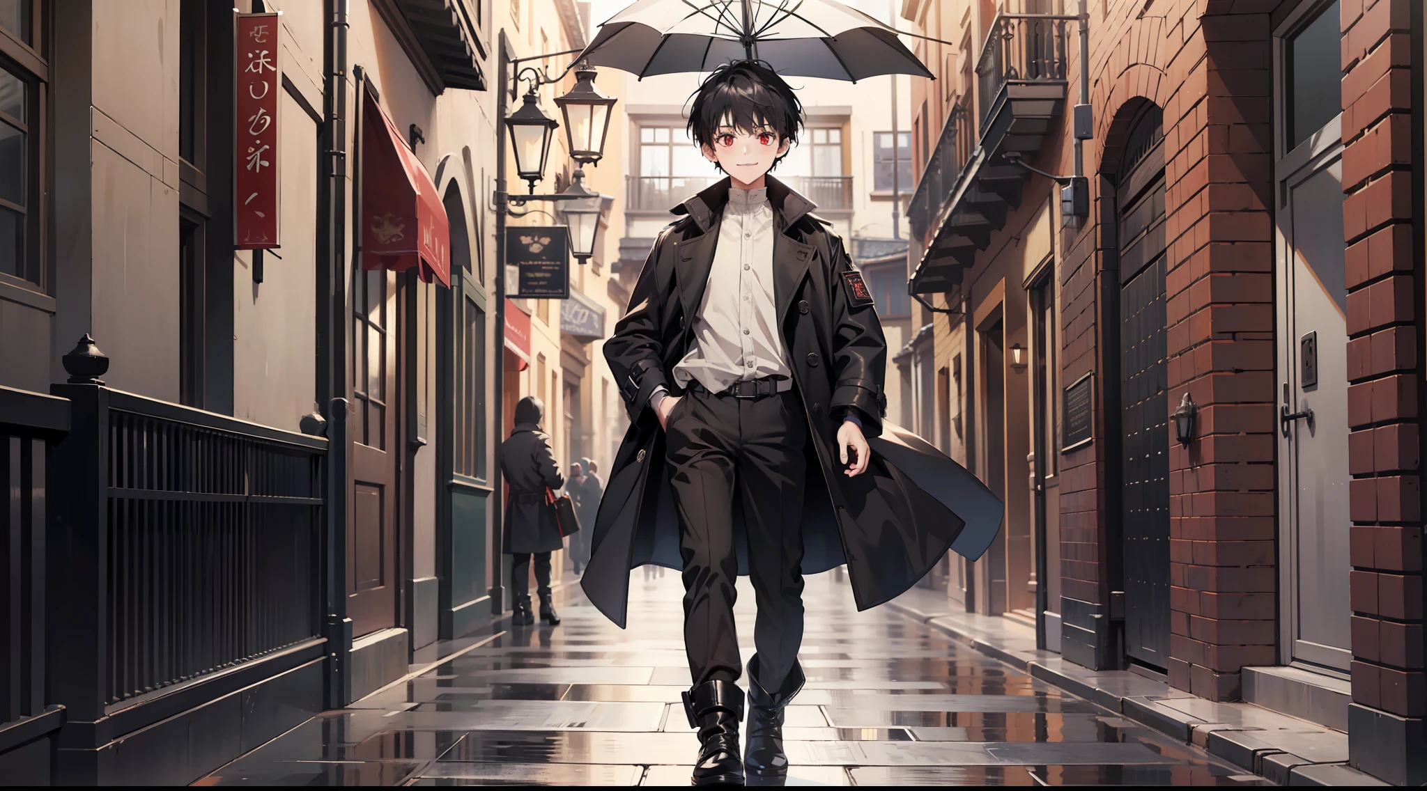 (absurd, high resolution), (panorama), , red eyes, short hair, black hair, smile, white underwear, black trench coat, black trousers, black boots, medieval town, square, daytime, antique, extreme detail,