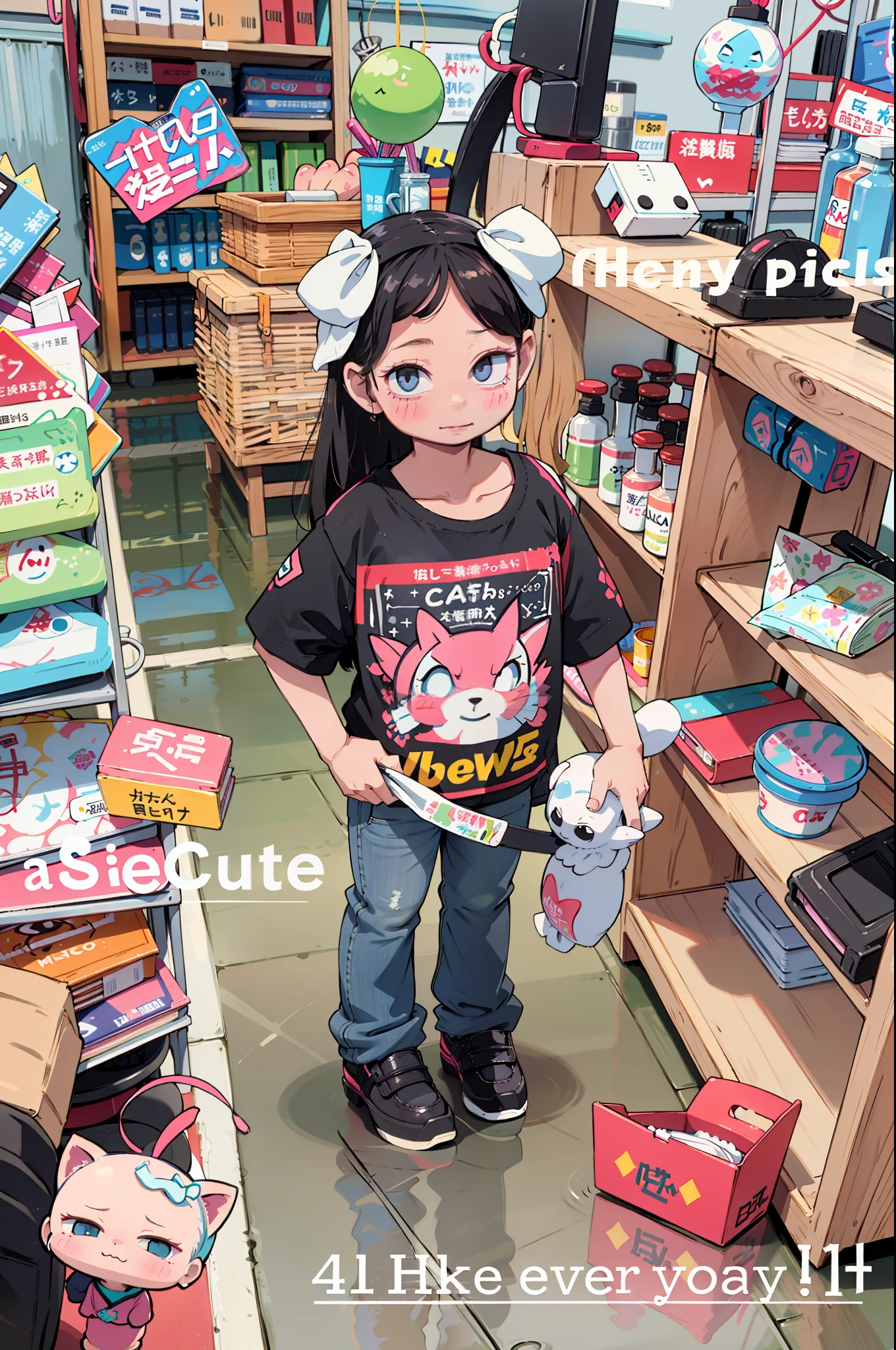 There is a girl standing in the store, so cute, super cute and friendly, black pink Josie, けもの, E-girl, kawaii shirt and jeans, electronic girl, Ruan cute vtuber, Snapchat photos, cute girl, black pink Rosanna Park, Ultra HD, 8k, Best Light, 6 year o 1girl, super cute, fair skin, (big watery eyes: 1.3, 🤬 🎀 💕 💕 🤮 🎀 🤮 😭 long eyelashes), (Kpop, idol, 6years old_girl), smilface, cuter, (babyface: 1.4)