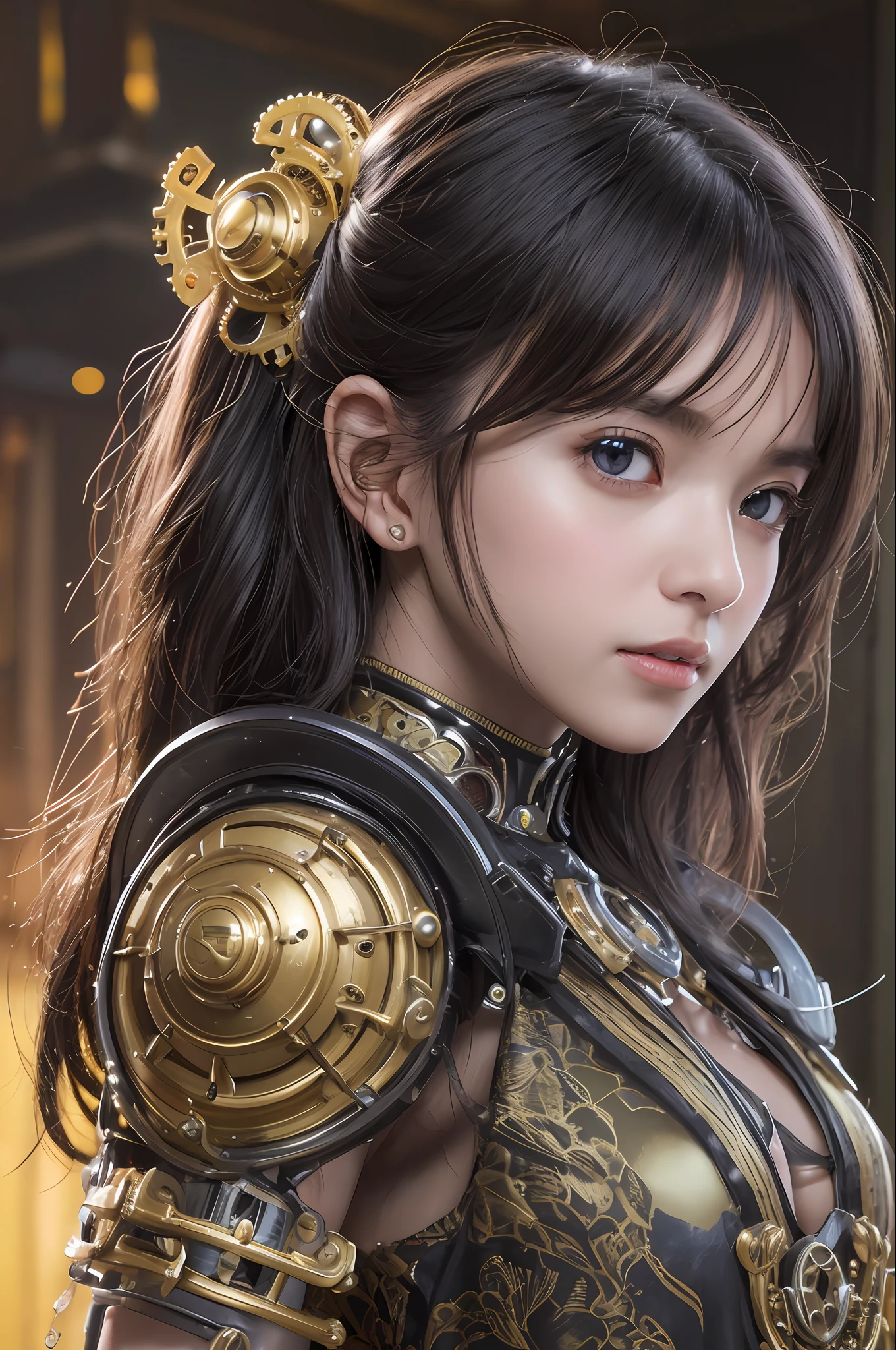 Top Quality, Masterpiece, Ultra High Resolution, (Photorealistic: 1.4), Raw Photo, 1 Girl, Black Hair, Glossy Skin, 1 Mechanical Girl, (Ultra Realistic Details)), Portrait, Global Illumination, Shadows, Octane Rendering, 8K, Ultra Sharp, Big, Cleavage Exposed Raw Skin, Metal, Detail of Intricate Ornaments, steampunk details, analog meters, gears, gears, golden hydraulic cylinders, very intricate details, realistic light, CGSoation trends, purple eyes, glowing eyes, facing the camera, neon details, mechanical limbs, blood vessels connected to tubes, mechanical vertebrae attached to the back, mechanical cervical attachment to the neck, sitting, wires and cables connecting to the head, Gundam, small LED lamps,