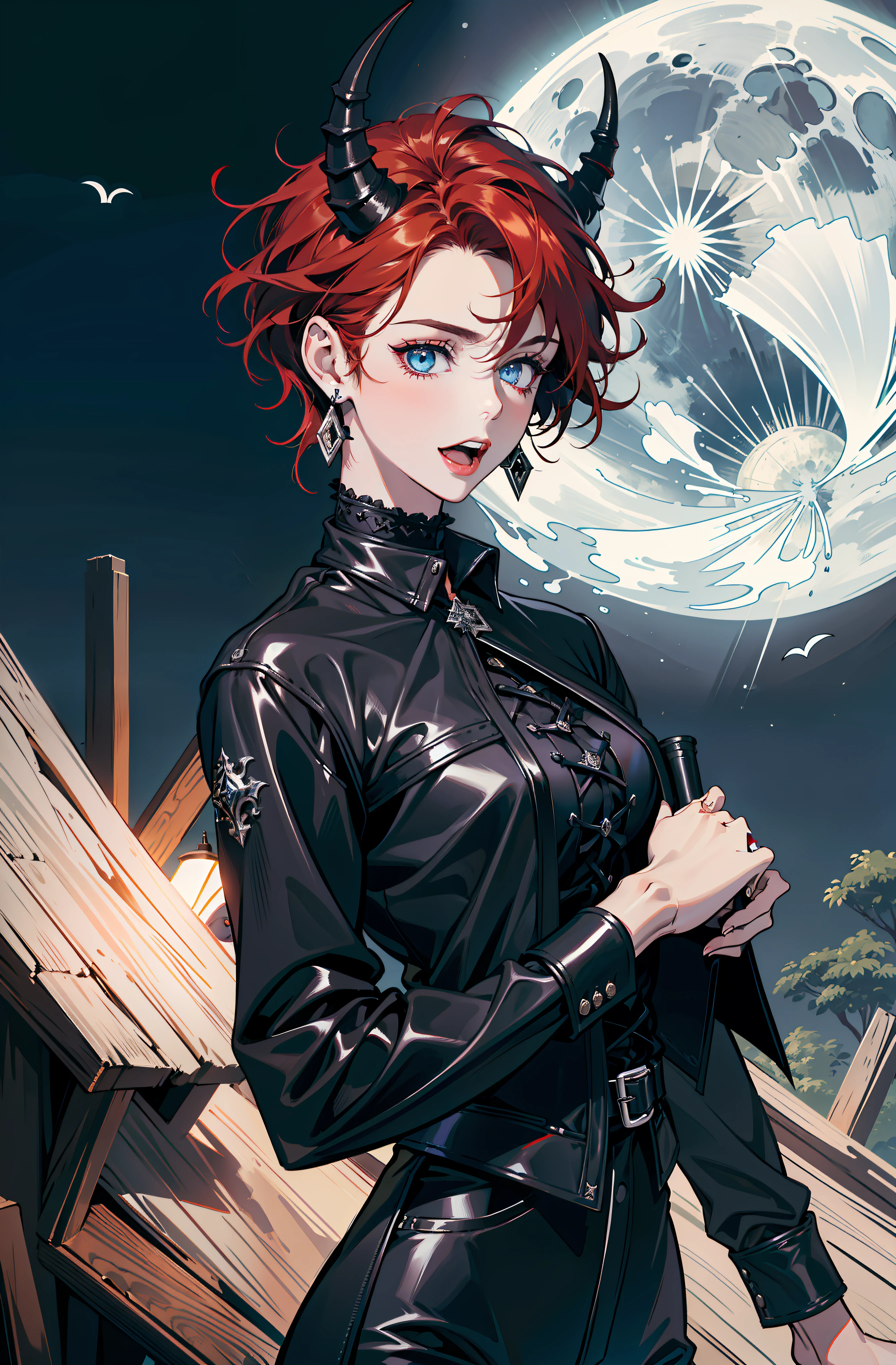 (absurdres, highres, ultra detailed), 1 girl, adult, handsome, tall, broad shoulders, finely detailed eyes and detailed face, black leather clothes, night, smile, dutch angle, short red hair, moon, forest, black horns in his head, silver details, earrings, black chocker, gothic, dark, vampire, black pants, horns, blue eyes, ((surprised)), ((open mouth surpirised)), ((very open eyes))