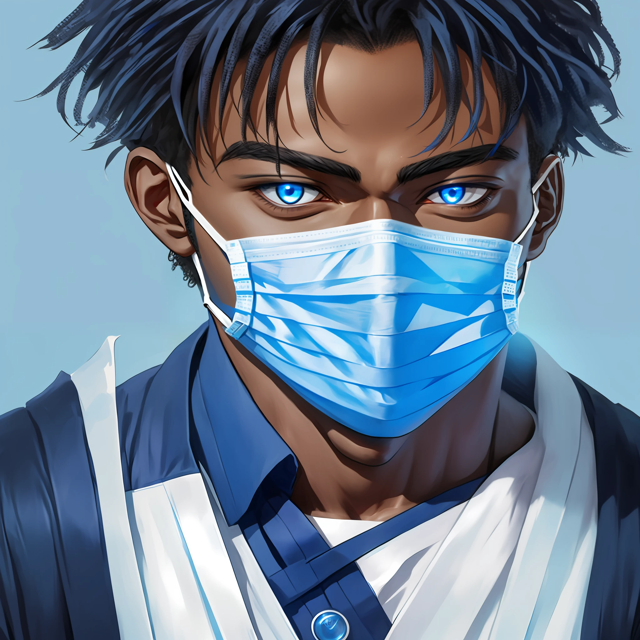 drawing of a black boy in blue look anime style with a doctor's outfit on a light blue background, good details can't be very realistic and has to wear a mask over his mouth and has to have red eyes and a doctor's outfit --auto --s2