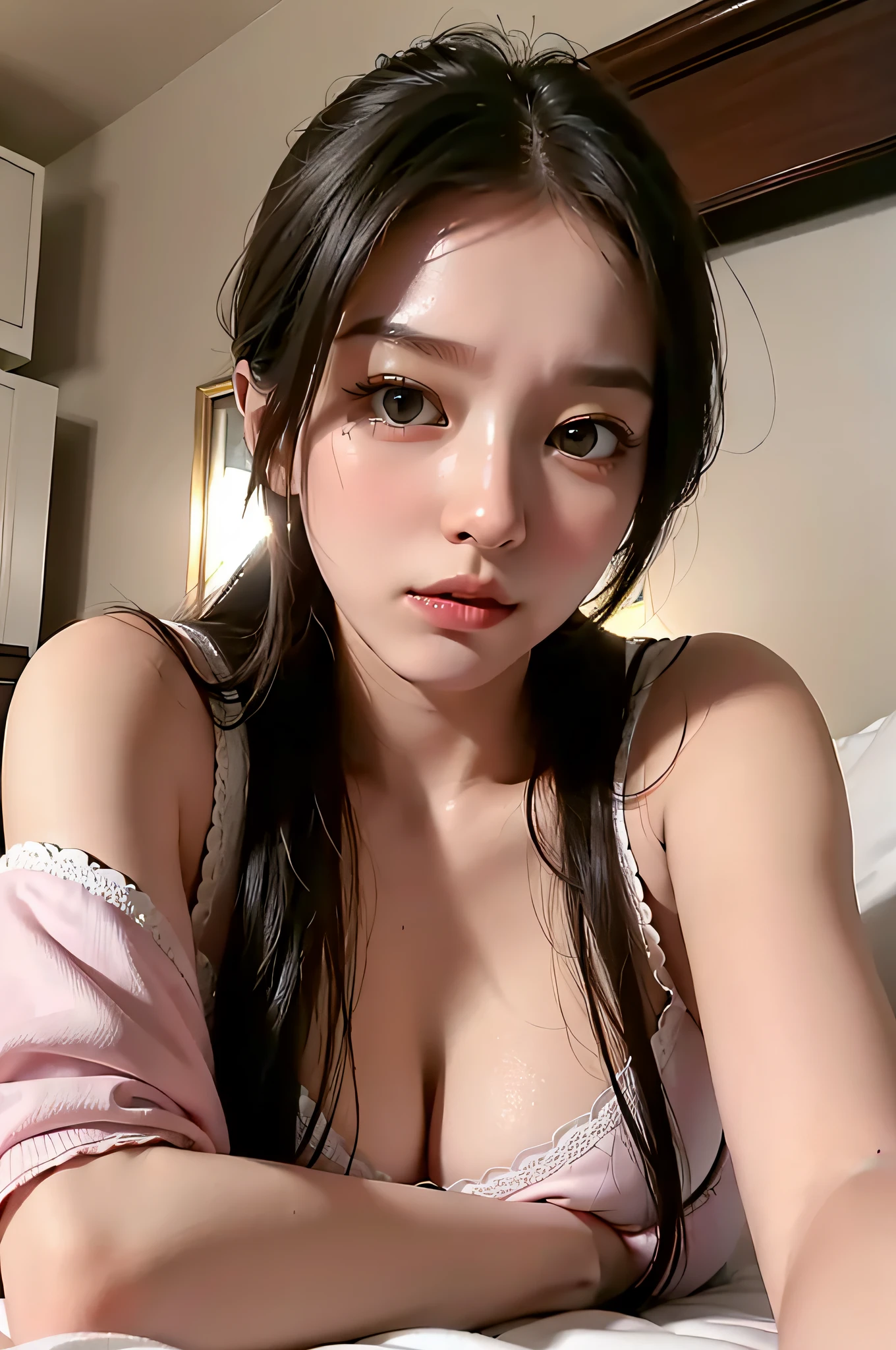 High image quality, woman alone, lying on bed, painful expression, sexy pajamas