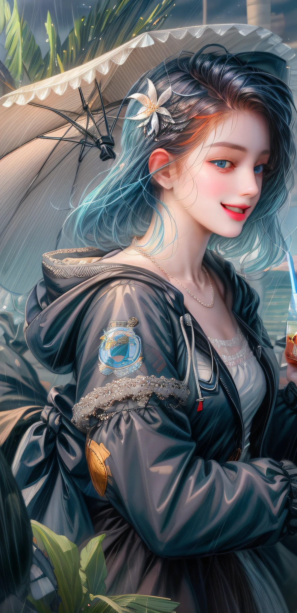 ((best quality)), (masterpiece:1.2),(delicate and beautiful girl), illustration,reailty,8K CG,1girl,orange hair,very long hair,blue eyes,looking at viewer,rain,rainy day,raincoat, school uniform,towncar,street,traffic light, (masterpiece), (best quality), delicate facial features,portrait,((hard lines))_(1 boy),handsome,aqua hair,jacket,sticker,((hard lines))_ 1girl, bangs, beach, ((sketch)),beach_umbrella, black_hair, blue_eyes, blue_jacket, blue_sky, boat, cloud, cloudy_sky, collarbone, cup, day, drink, drinking_glass, drinking_straw, flower, hair_between_eyes, hair_flower, hair_ornament, hat, holding, holding_cup, hood, hood_down, hooded_jacket, hoodie, horizon, jacket, jewelry, looking_at_viewer, necklace, ocean, open_clothes, open_jacket, open_mouth, outdoors, palm_tree, parasol, pink_hair, sand, shirt, shore, short_hair, sky, smile, sun_hat, tree, umbrella, upper_body, virtual_youtuber, water, white_jacket --auto --s2