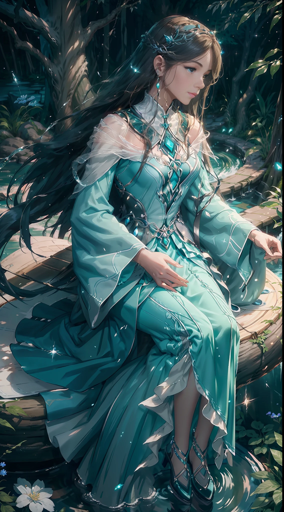 In the evening, a female character of fantasy style sits on an old tree, with extremely beautiful facial features, long hair, elegant hair, Blue and white pottery hanfu long skirt, layered skirt, dynamic posture, front view, perfect composition, stream, waterfall, starlight, firefly, white flowers, splashing water, looking from bottom to top,ningrongrong