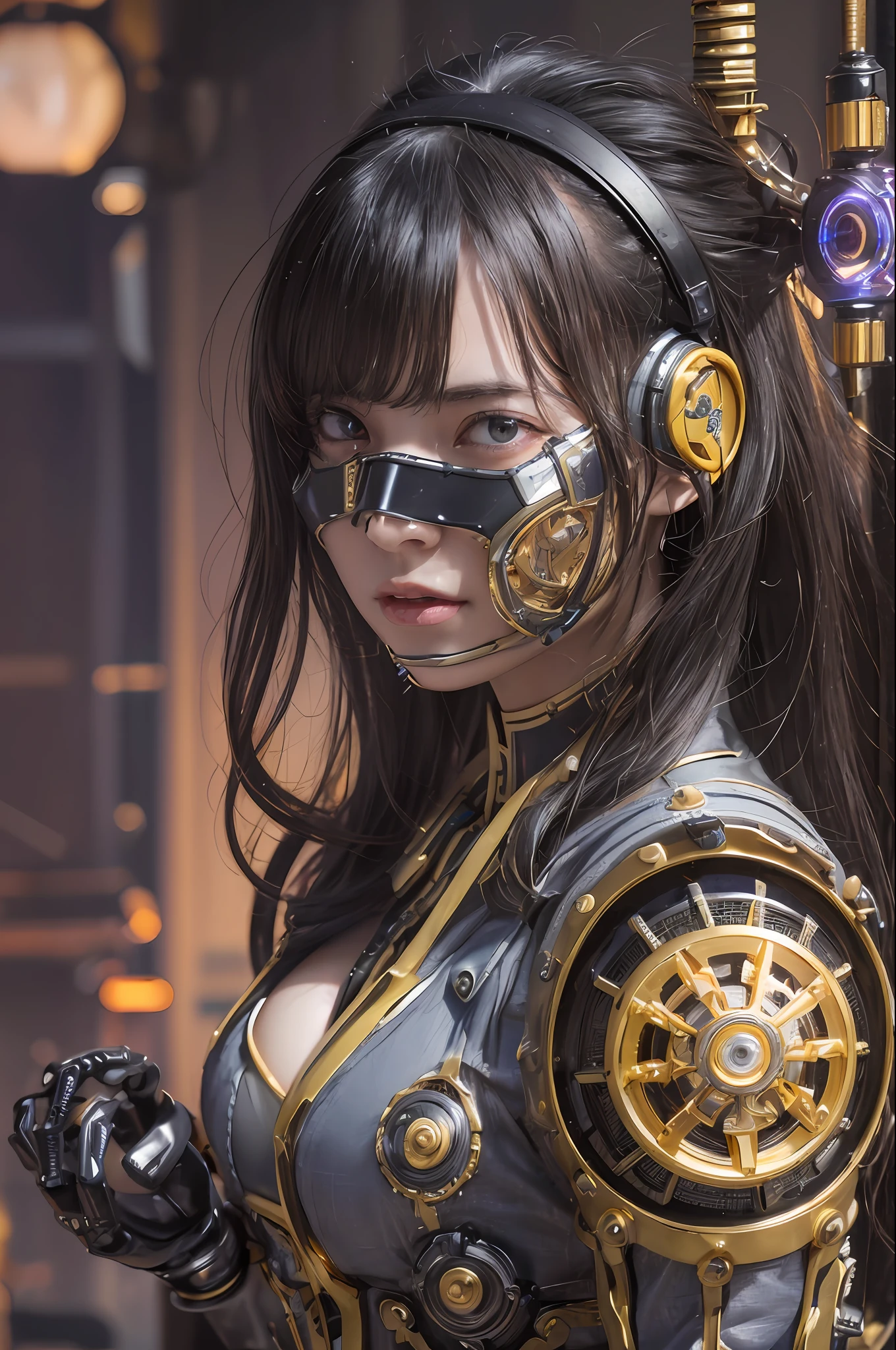Top Quality, Masterpiece, Ultra High Resolution, (Photorealistic: 1.4), Raw Photo, 1 Girl, Black Hair, Glossy Skin, 1 Mechanical Girl, (Ultra Realistic Details)), Portrait, Global Illumination, Shadows, Octane Rendering, 8K, Ultra Sharp, Big, Cleavage Exposed Raw Skin, Metal, Detail of Intricate Ornaments, steampunk details, analog meters, gears, gears, golden hydraulic cylinders, very intricate details, realistic light, CGSoation trends, purple eyes, glowing eyes, facing the camera, neon details, mechanical limbs, blood vessels connected to tubes, mechanical vertebrae attached to the back, mechanical cervical attachment to the neck, sitting, wires and cables connecting to the head, Gundam, small LED lamps,