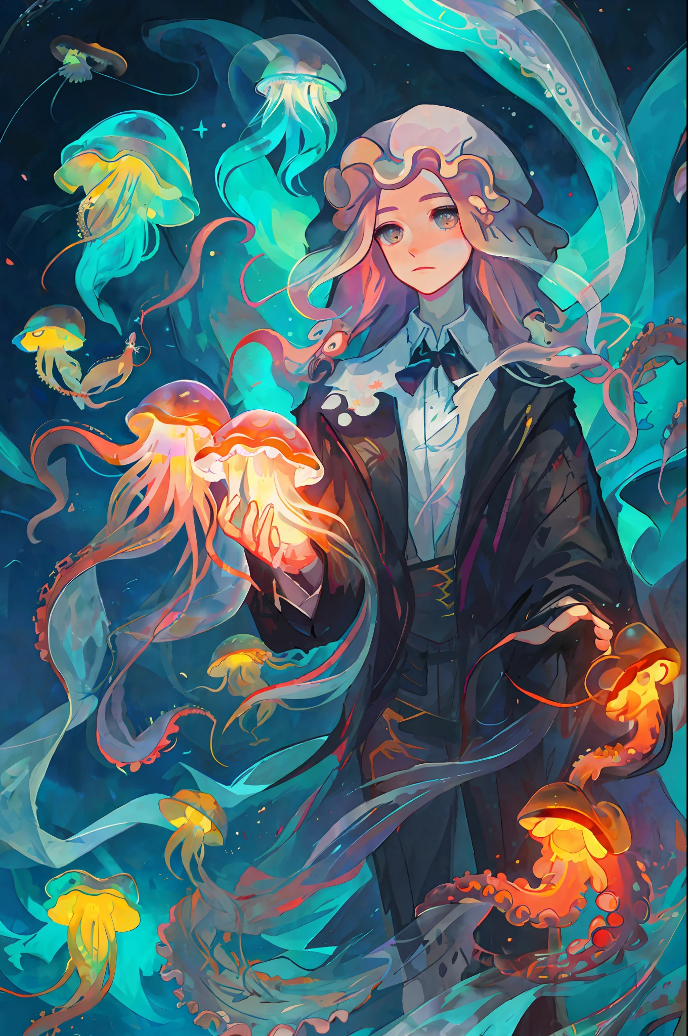 Jellyfish, octopus tentacles, transparent, starry sky