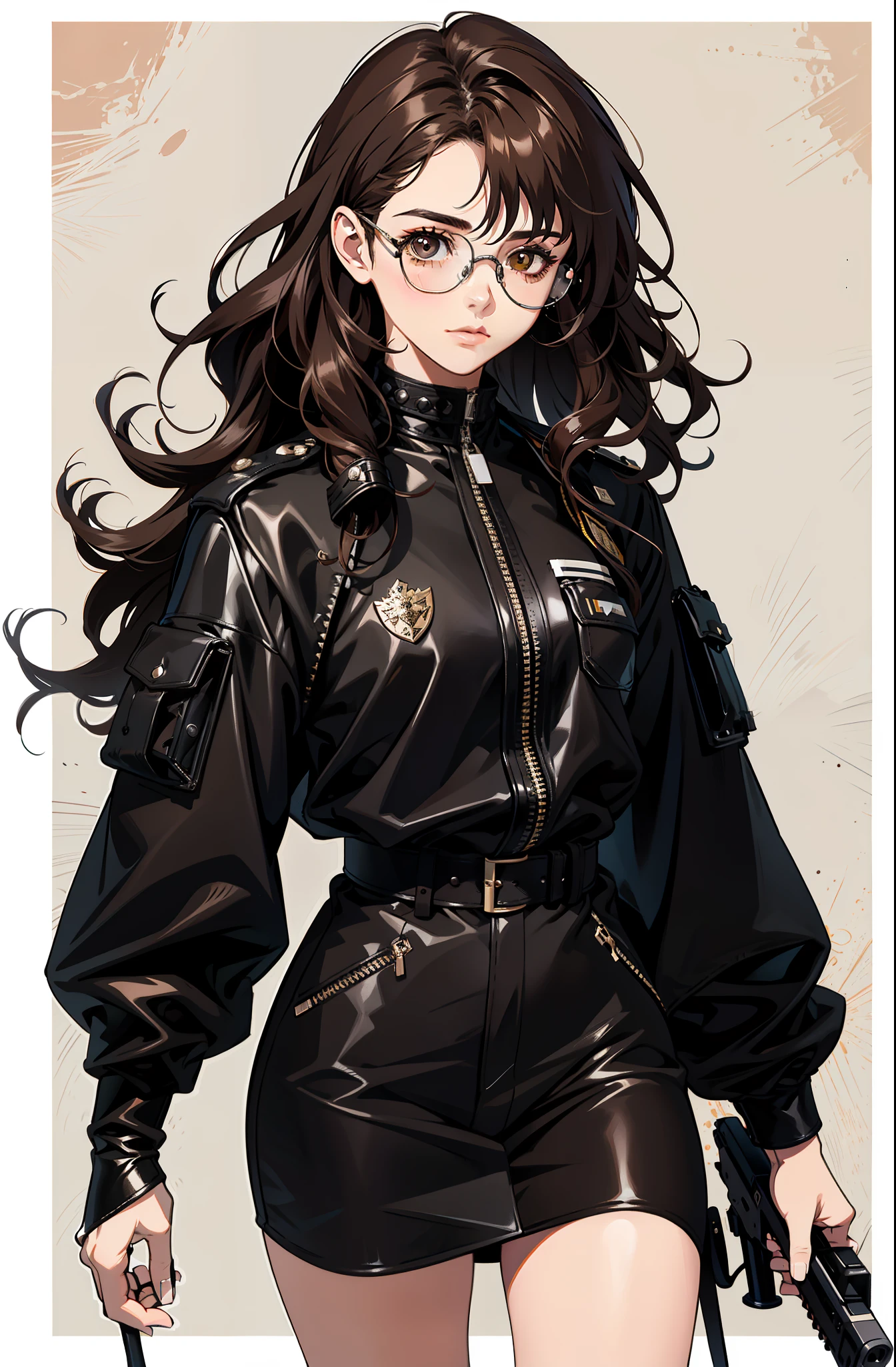 19 year old girl with medium curly hair,wearing transparent glasses,half defined detailed face,brown eyes,wearing black leather clothing and holding a gun