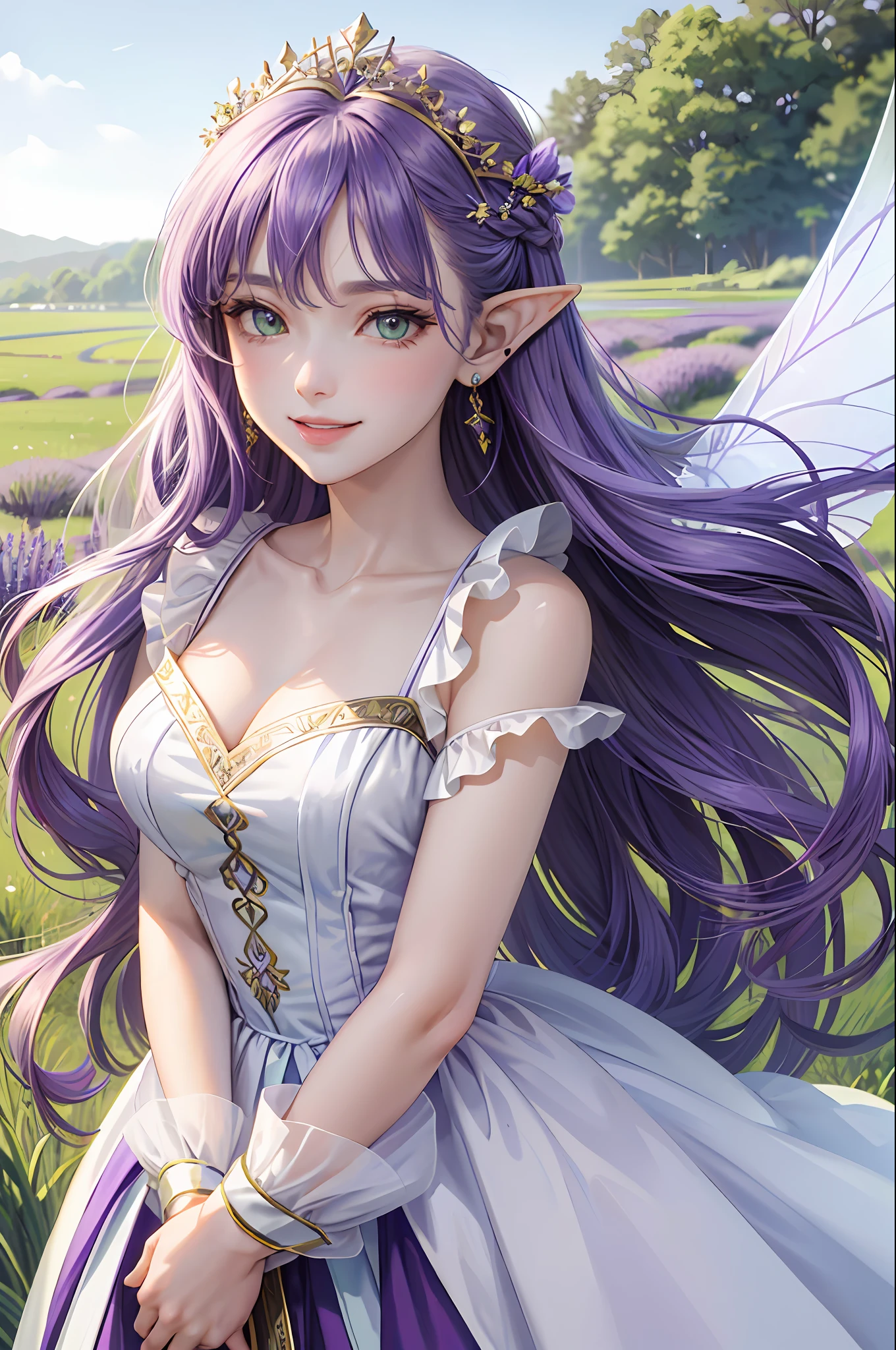 (face focus), (1 girl, woman, solo, pale skin, cute), (straight hair, purple hair, green eyes, cute face, smile), fairy girl, fairy wings, pale purple long dress, lavender bouquet, fairy, elf ears, fairy wings, golden tiara, lavender, lavender hair ornament, standing in lavender field, earrings, portrait