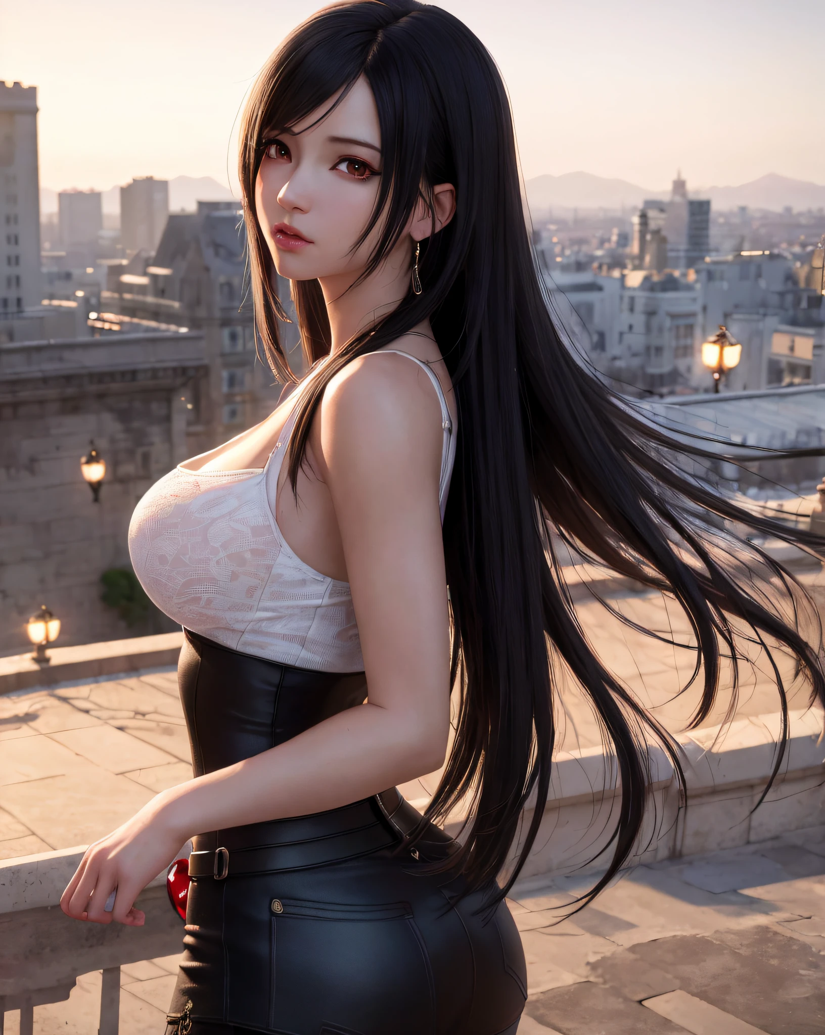 Masterpiece, best quality, super detailed, 8K, detailed light, detailed shadows, RAW, (detailed skins), (realism: 1.2), 1 anime girl, Tifa (Final Fantasy), face, 28 years old, black hair, long hair, black eyes, eye reflections, eyes with feelings, detailed eyes, dynamic poses, epic landscapes, city background
