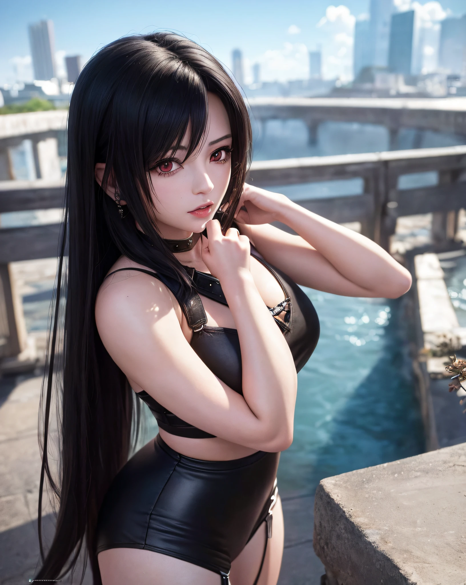 Masterpiece, best quality, super detailed, 8K, detailed light, detailed shadows, RAW, (detailed skins), (realism: 1.2), 1 anime girl, Tifa (Final Fantasy), face, 28 years old, black hair, long hair, black eyes, eye reflections, eyes with feelings, detailed eyes, dynamic poses, epic landscapes, city background