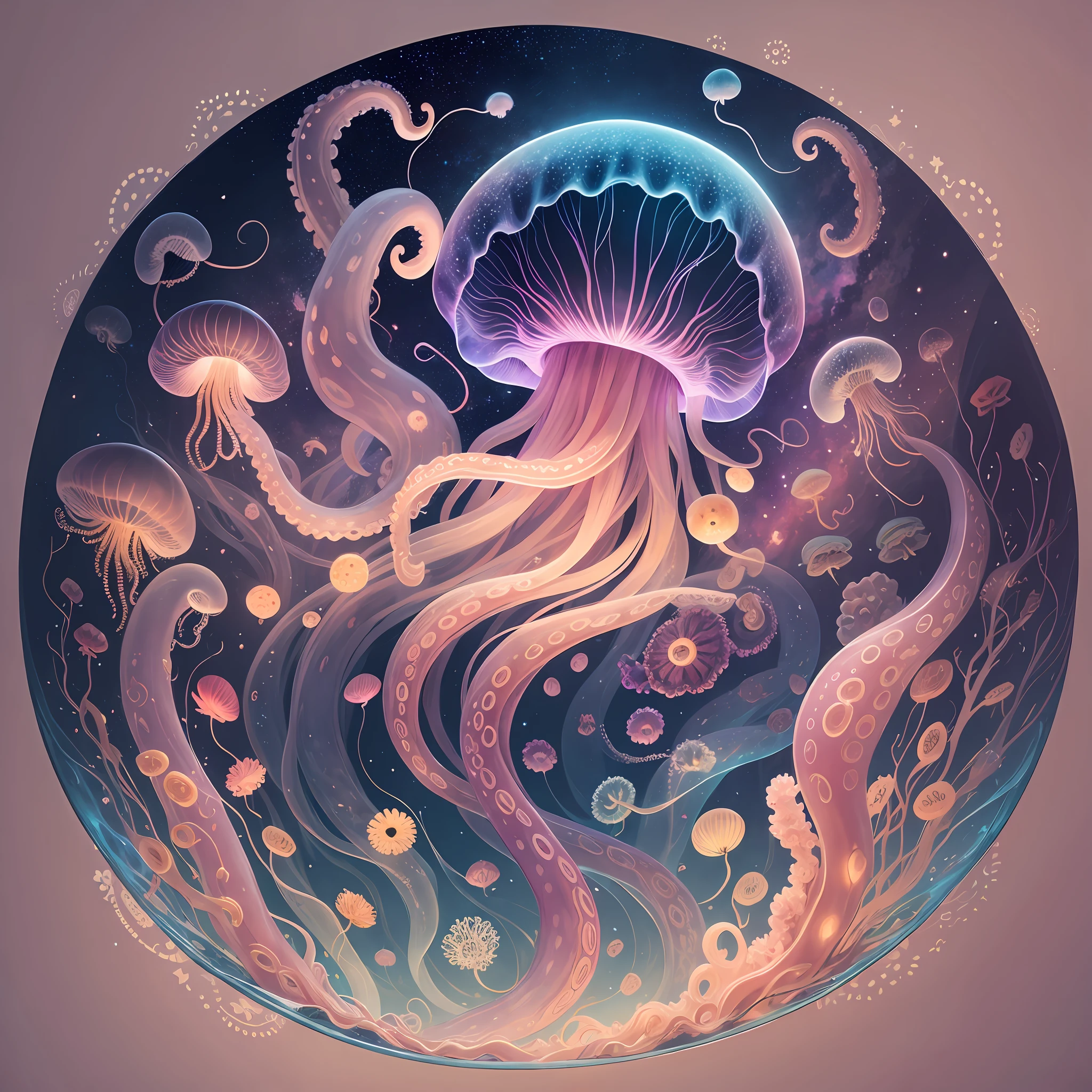 Jellyfish, octopus tentacles, transparent, dreamy, starry sky --auto --s2