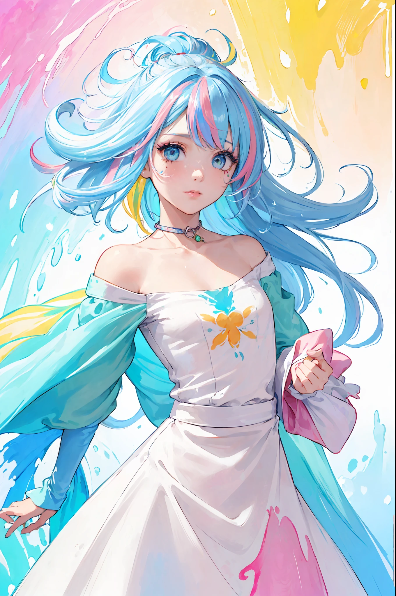 (Pink Fashion T-shirt:1.9),(Colorful hair: 1.8), (all the colours of the rainbow: 1.8),(((((vertical painting:1.6))), (painting:1.6),front, comics, illustrations, paintings, large eyes, crystal clear eyes,( rainbow color gradient high ponytail:1.7), exquisite makeup, closed mouth,(Small Fresh: 1.5),(Wipe Chest: 1.6) ,long eyelashes, white off shoulder T-shirt, White Shoulder Shirt,looking at the audience, large watery eyes, (rainbow colored hair:1.6), color splash, (solo:1.8), color splash, color explosion, thick paint style, messy lines, ((shining)),(colorful), (colorful), (colorful), colorful, Thick Paint Style, (Splash) (Color Splash), Vertical Painting, Upper Body, Paint Splash, Acrylic Pigment, Gradient, Paint, Highest Image Quality, Highest Quality, Masterpiece, Solo, Depth of Field, Face Paint, colorful clothes, (Elegant: 1.2), gorgeous,long hair, wind, (Elegant: 1.3), (Petals: 1.4),(((masterpiece))),(((best quality))),((ultra-detailed)),(illustration),(dynamic angle),((floating)),(paint),((disheveled hair)),(solo),(1girl) , (((detailed anima face))),((beautiful detailed face)),collar,bare shoulders,white hair, ((colorful hair)),((streaked hair)),beautiful detailed eyes,(Gradient color eyes),(((colorful eyes))),(((colorful background))),(((high saturation))),(((surrounded by colorful splashes))),