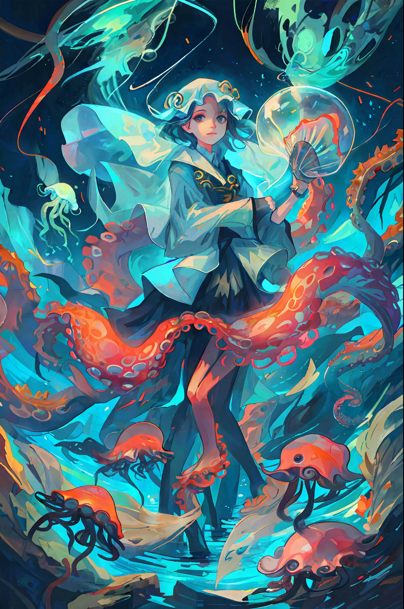 Jellyfish, octopus tentacles, transparent, starry sky