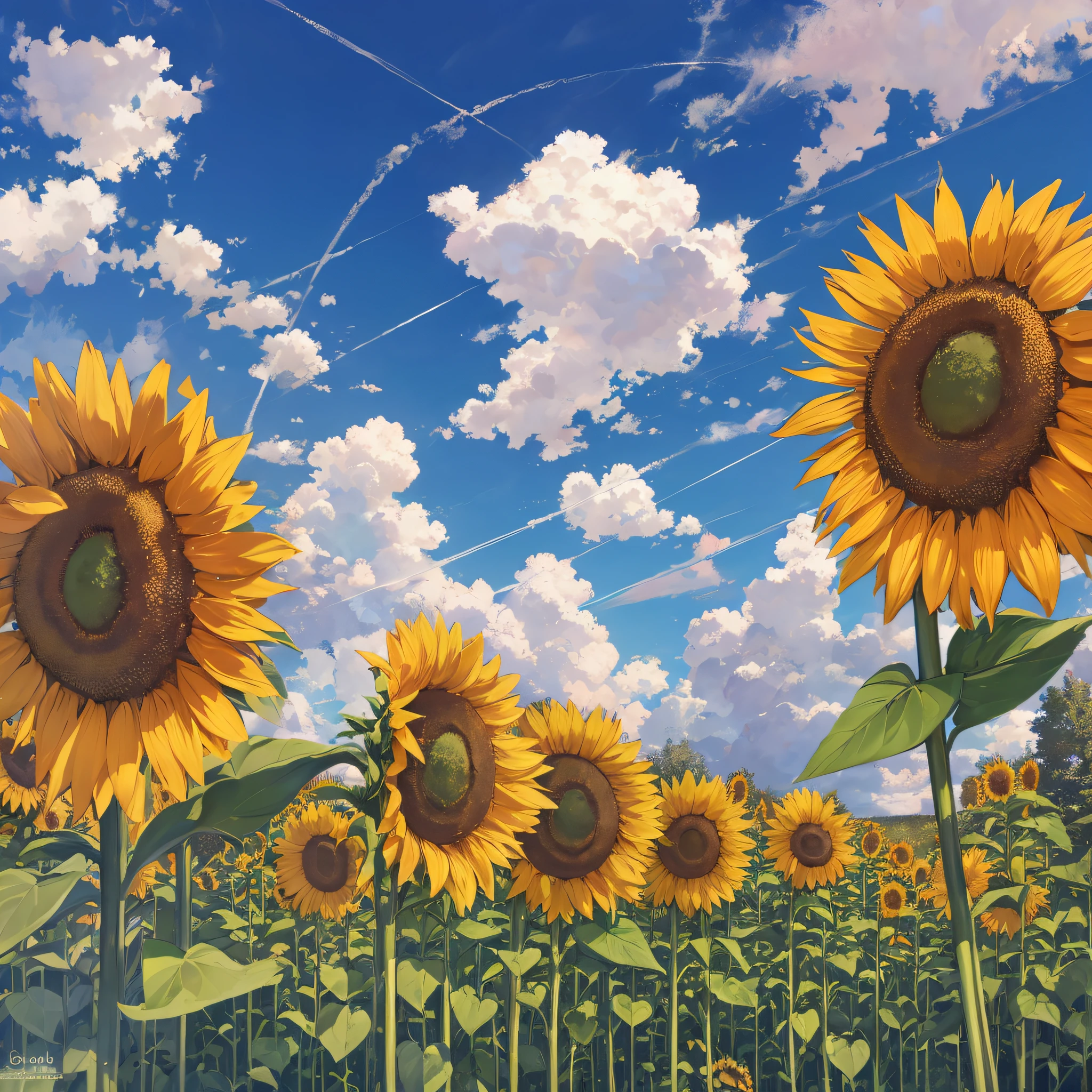 Sunflowers, gravel paths, blue skies, white clouds --auto --s2