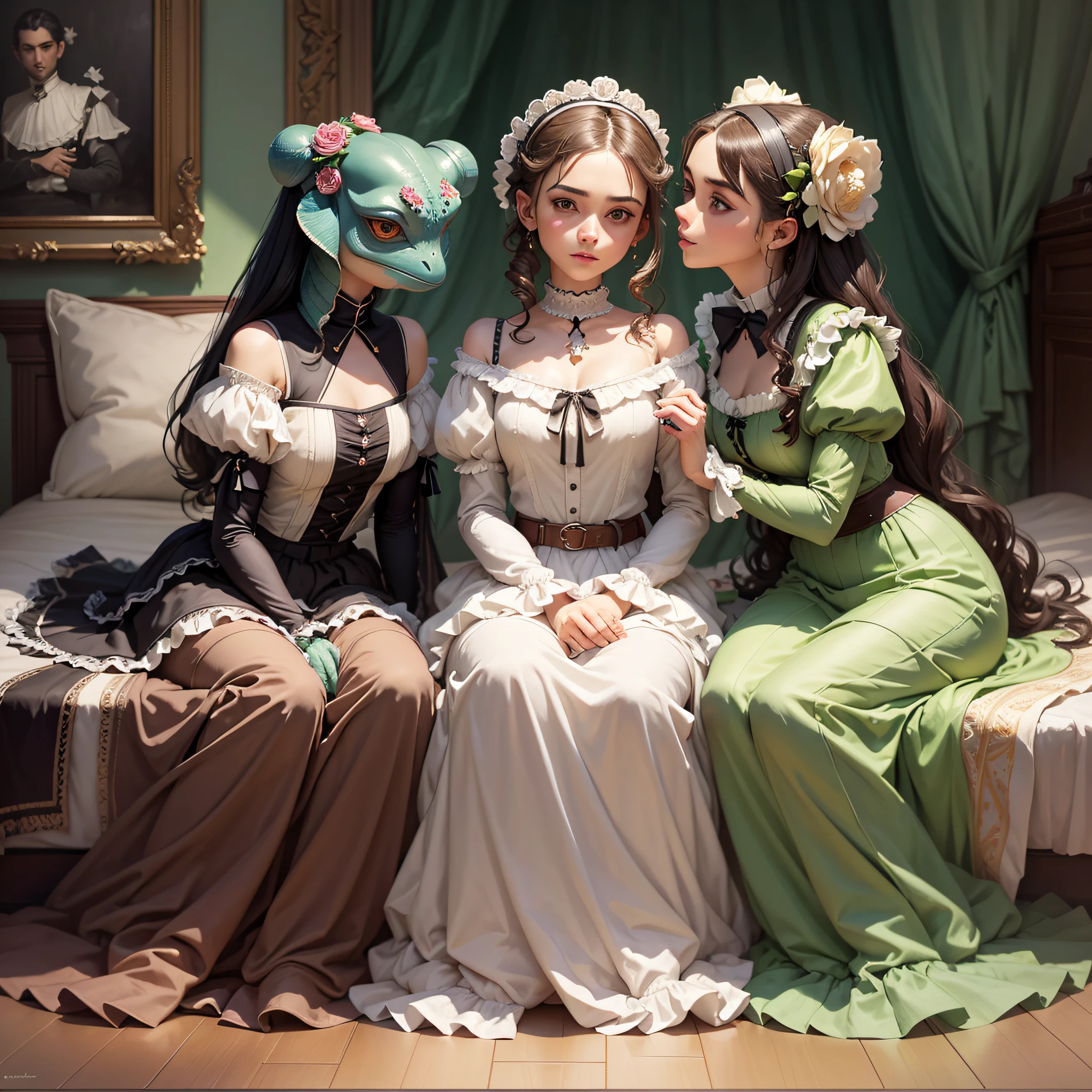 There are three cute chameleons in skirts sitting on a bed, a fine art painting inspired by Pierre Auguste Court, Pop CG Society, Romanticism, Eduard Bizon art, Muse triad, Baroque digital painting, Pudica gestures in the Bouguero style, symbolist painting, Renaissance digital painting, WLOP painting style, Vittorio Matteo Corcos --auto --s2