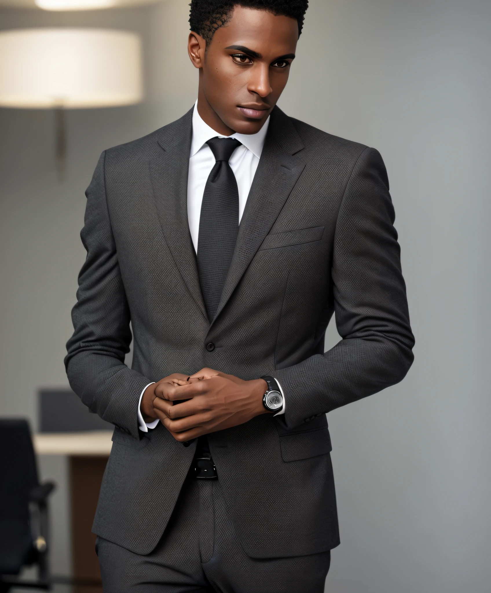 man in suit, discreet, full face, no cuts on face, wearing black business suit, beardless eyes, black skin, well groomed model, showing face, professional profile picture, office clothes, high-res, masterpiece, best quality, intricate details, highly detailed, sharp focus, texture, detailed eyes, professional, 4k