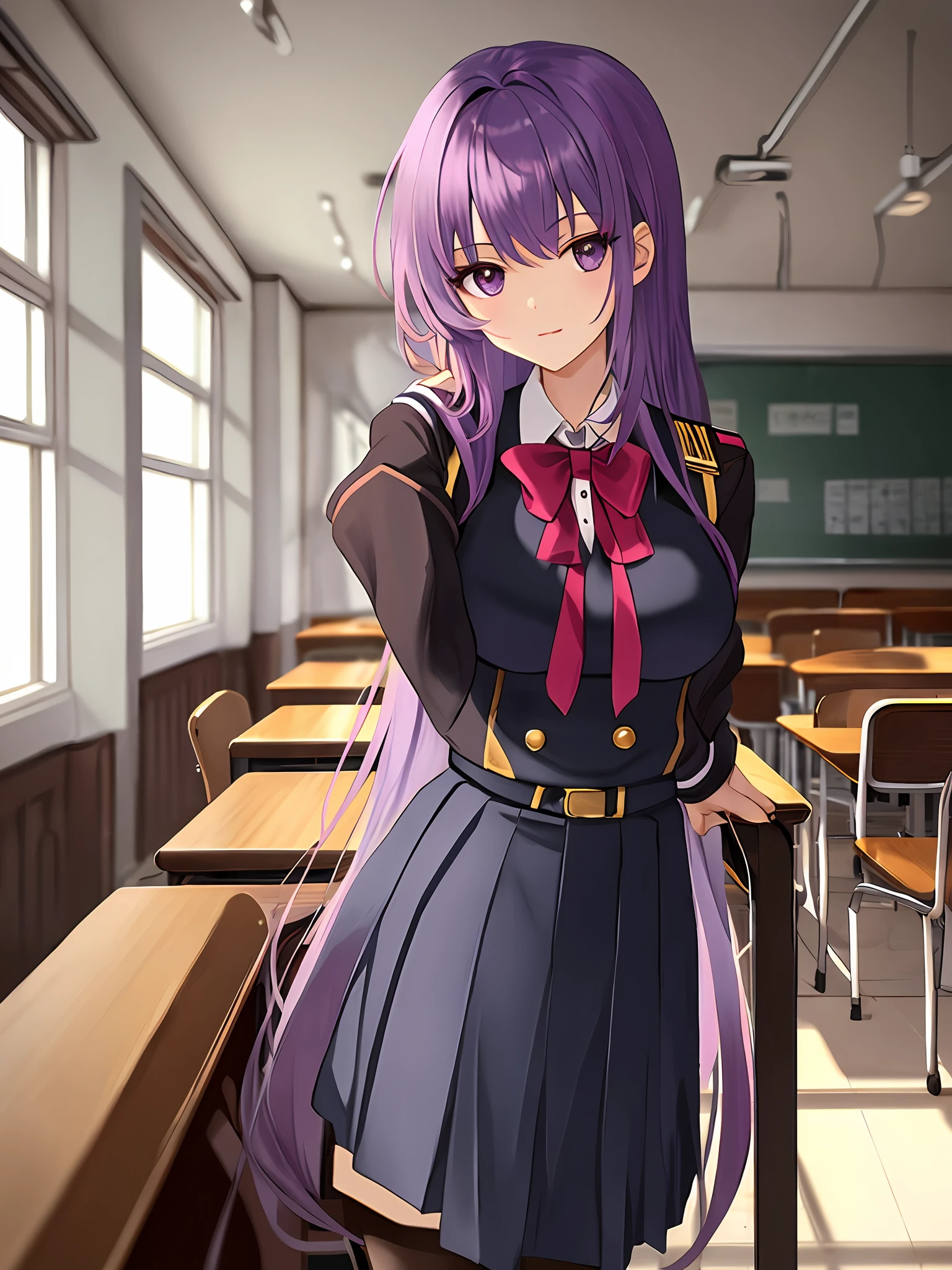 Best quality, high detail, faint lips, UC: 1girl purple hair brown eyes, seductive: &gt; school_Uniform, portrait, depth of field, blood stained on body, classroom, mature, 20 years old, big breasts