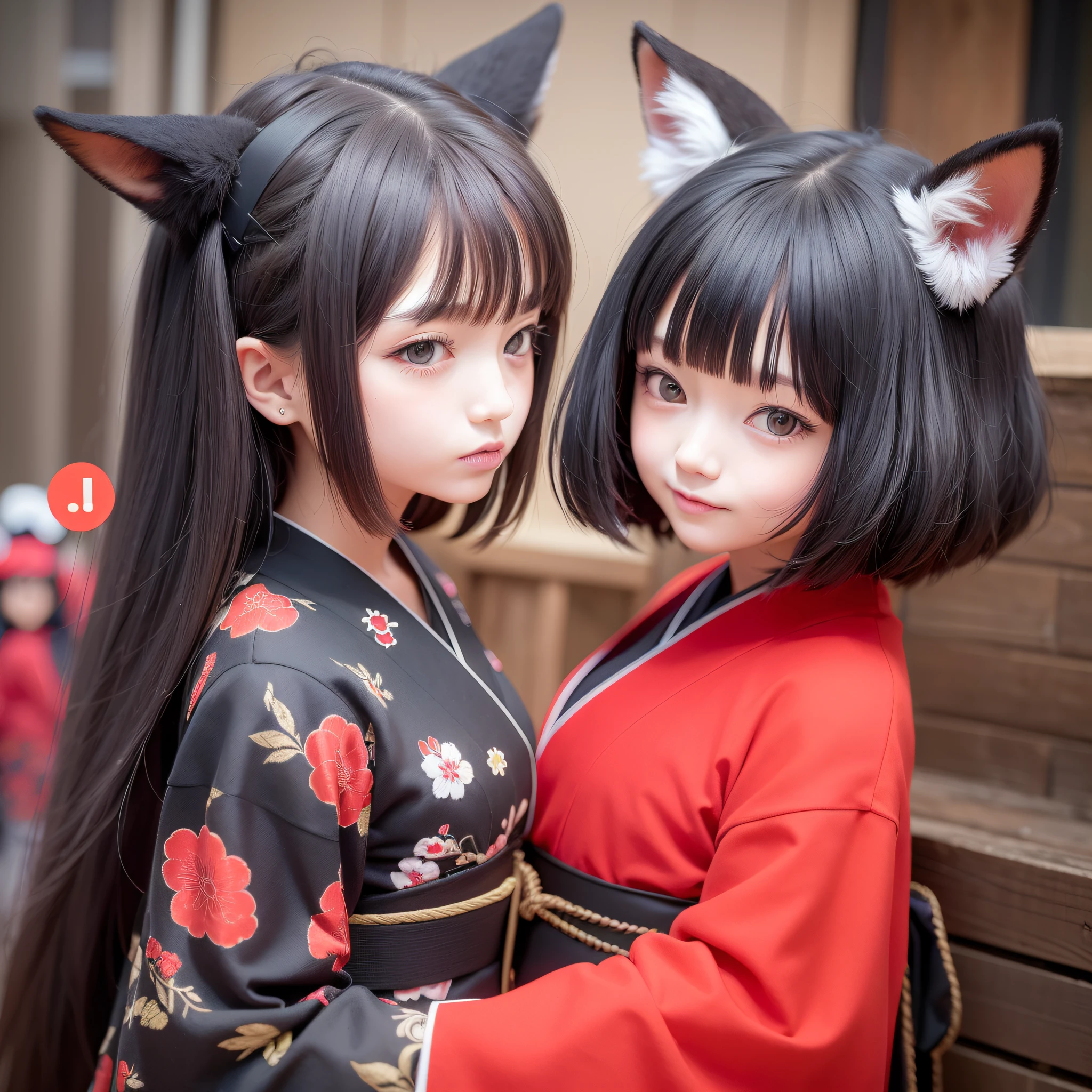 (3 girls: 1.3), (fox mask), dynamic angle, red and black, kimono, goth loli, photorealism, lomography, vivid,