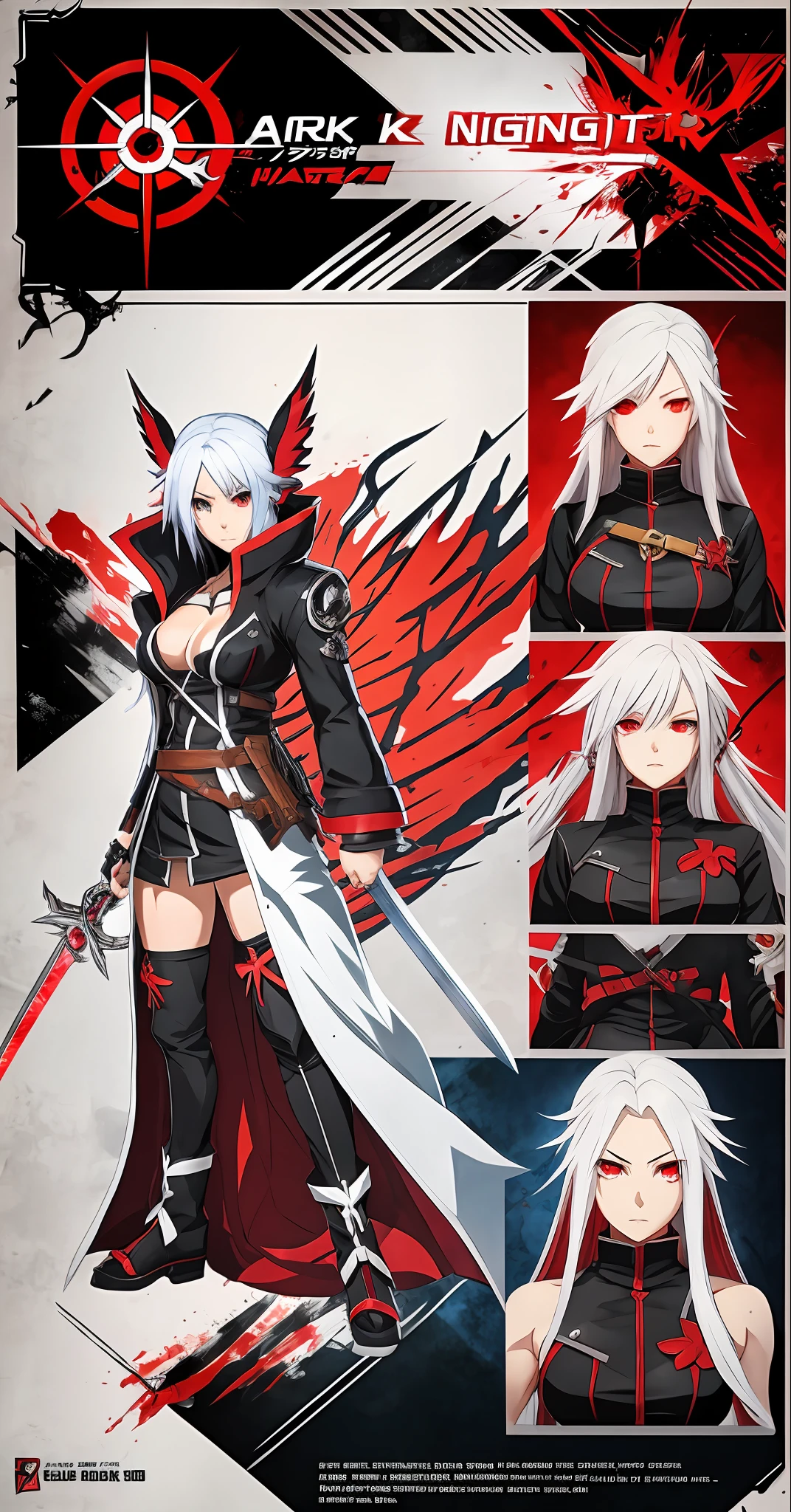 Anime characters with white hair and red eyes with swords, from Ark Night, Badass Anime 8 K, Guilty Gear Art Style, Guilty Gear Hard Splash Art, Detailed Key Anime Art, Demon Slayer Art Style, Wielding Kuno, Bloody + Concept Art, Gapmoe Yandere Grimdark, Pop on ArtStation Pixiv, Guilty Gear Art Director, [[Blood]], Character Sheet, Lots of Items (+Detailed item content, many parts), + character description, full of details, --auto --s2