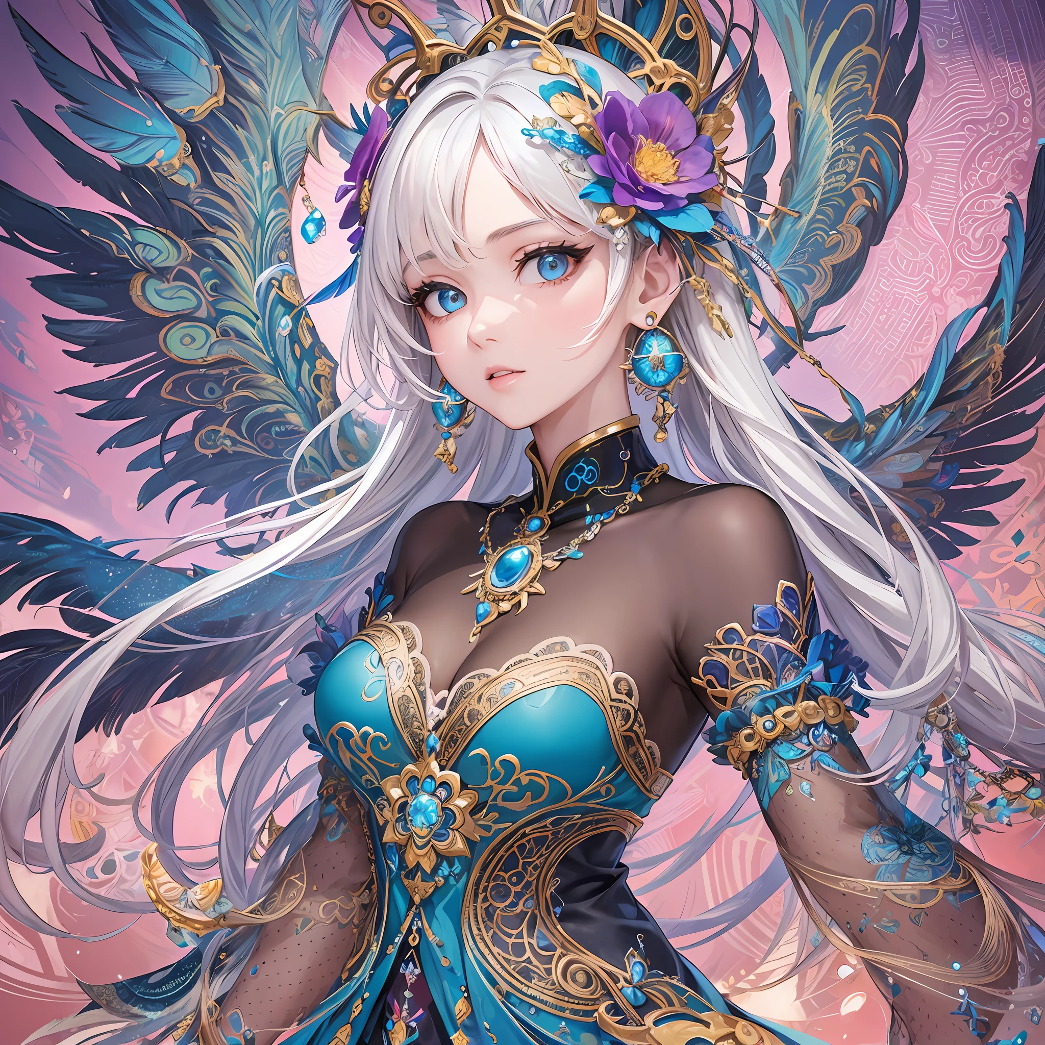 (Masterpiece, Best Quality, Best Quality, Official Art, Beautiful and Aesthetic: 1.2), (1 Girl: 1.3), Very Detailed, (Fractal Art: 1.1), (Colorful: 1.1) (Blue Flower: 1.3), Best Detailed, (Zentangle: 1.2), (Dynamic Pose), (Abstract Background: 1.3), (Glossy Skin), (Many Colors: 1.4), (Earrings), (Feathers: 1.5), (Wind:1.3), jewels, white hair, wrapped in light, detailed background, phoenix dress, panda ears, vivid eyes --auto --s2