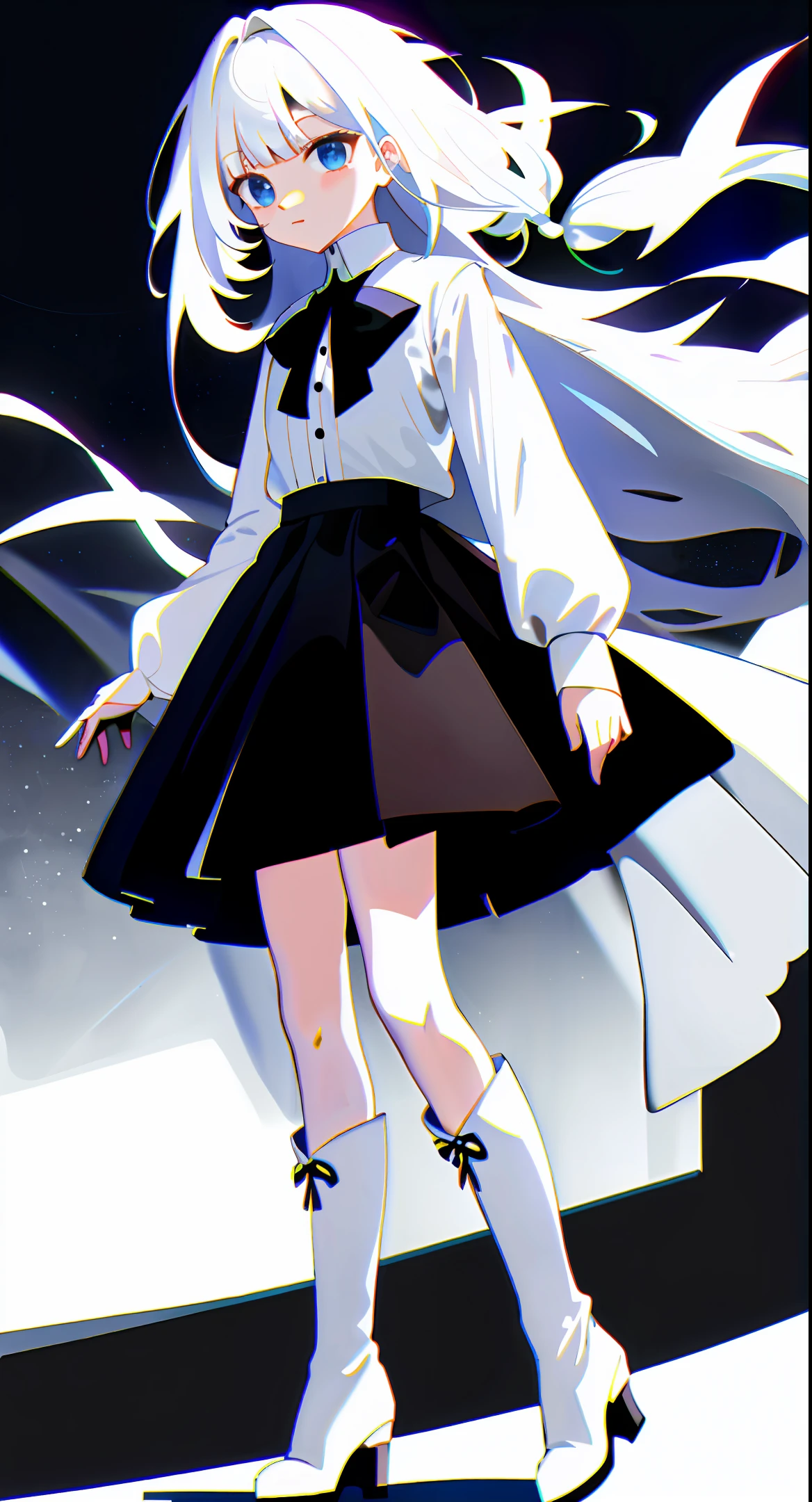 Highest quality, girly, long white hair, white shirt, black skirt, white silk, white high heeled boots