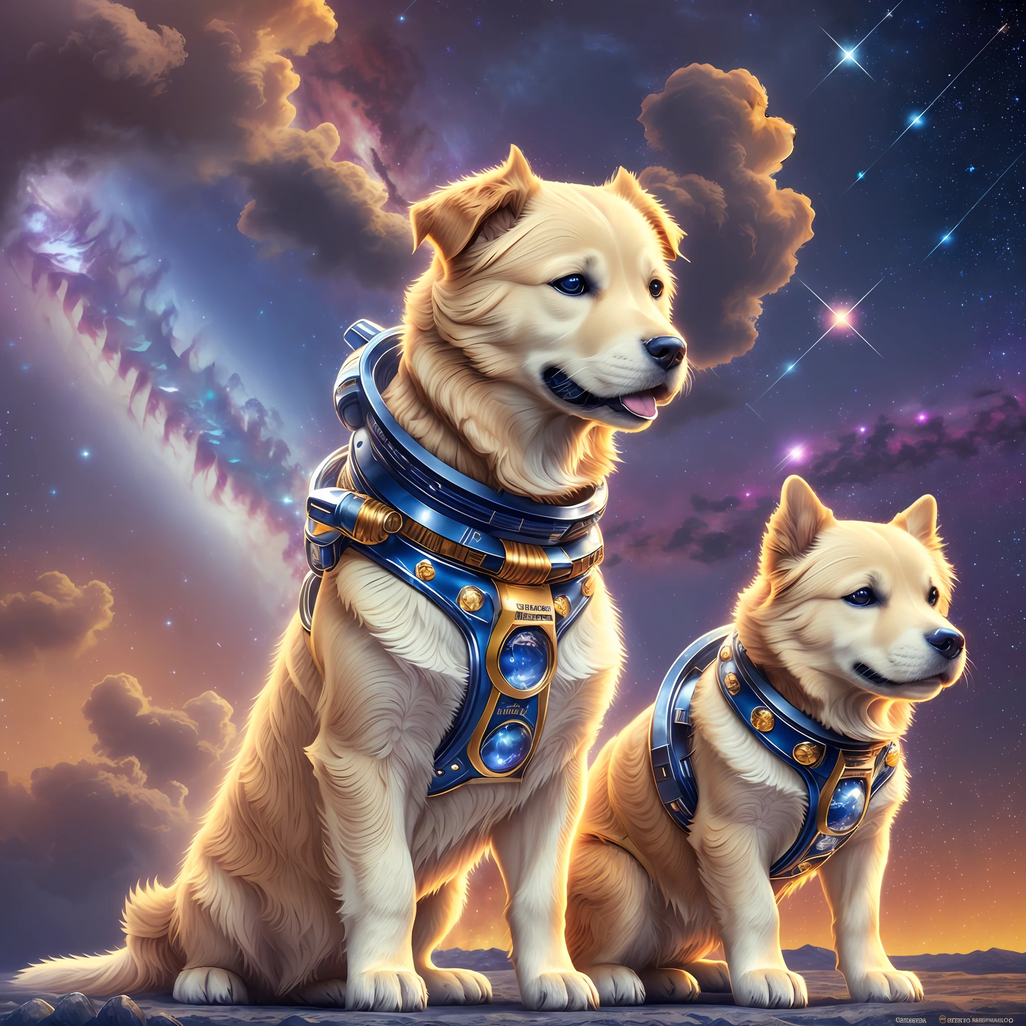 Descubra a beleza das estrelas com seu fiel companheiro astronauta golden retriever, masterpiece, best quality, ultra-detailed, high resolution, wide shot, beautiful lighting, warm color grading, dynamic angle, dynamic poses, floating, galaxy background, starry sky, cosmic dust, (1dog), golden fur, blue eyes, space suit.