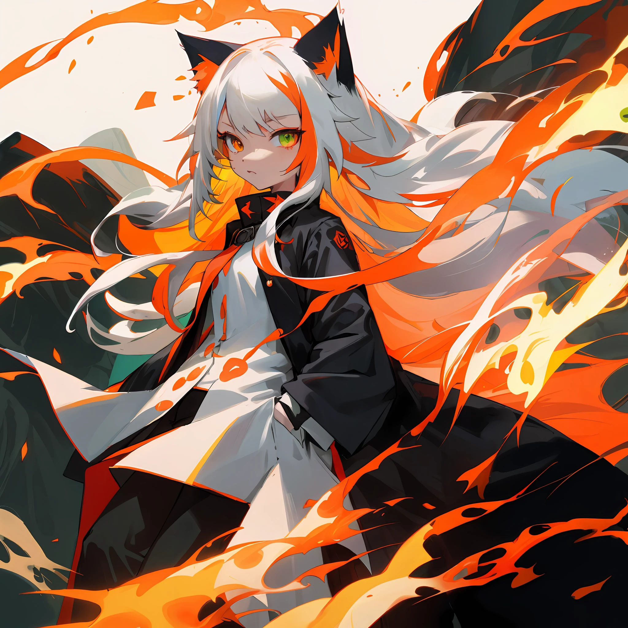 small breasts, loli, fire background, very long hair, light red hair, white hair streak, small head, cat ear, multicolored_hair, multicolored_eye, green and orange odd eye, white shirts, black pants, ultra quality, best quality, black jacket, hands in pocket, long coat