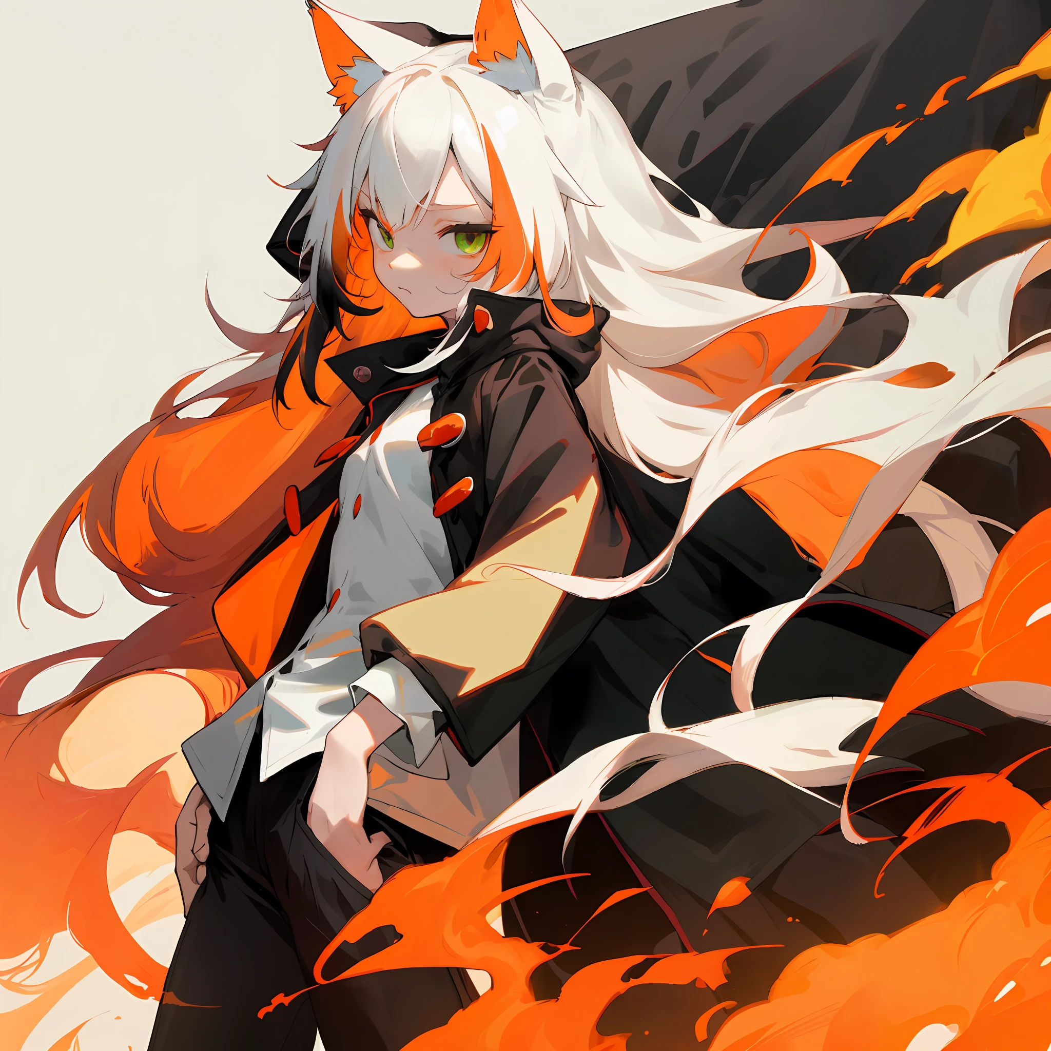 small breasts, loli, fire background, very long hair, light red hair, white hair streak, small head, cat ear, multicolored_hair, multicolored_eye, green and orange odd eye, white shirts, black pants, ultra quality, best quality, black jacket, hands in pocket, long coat
