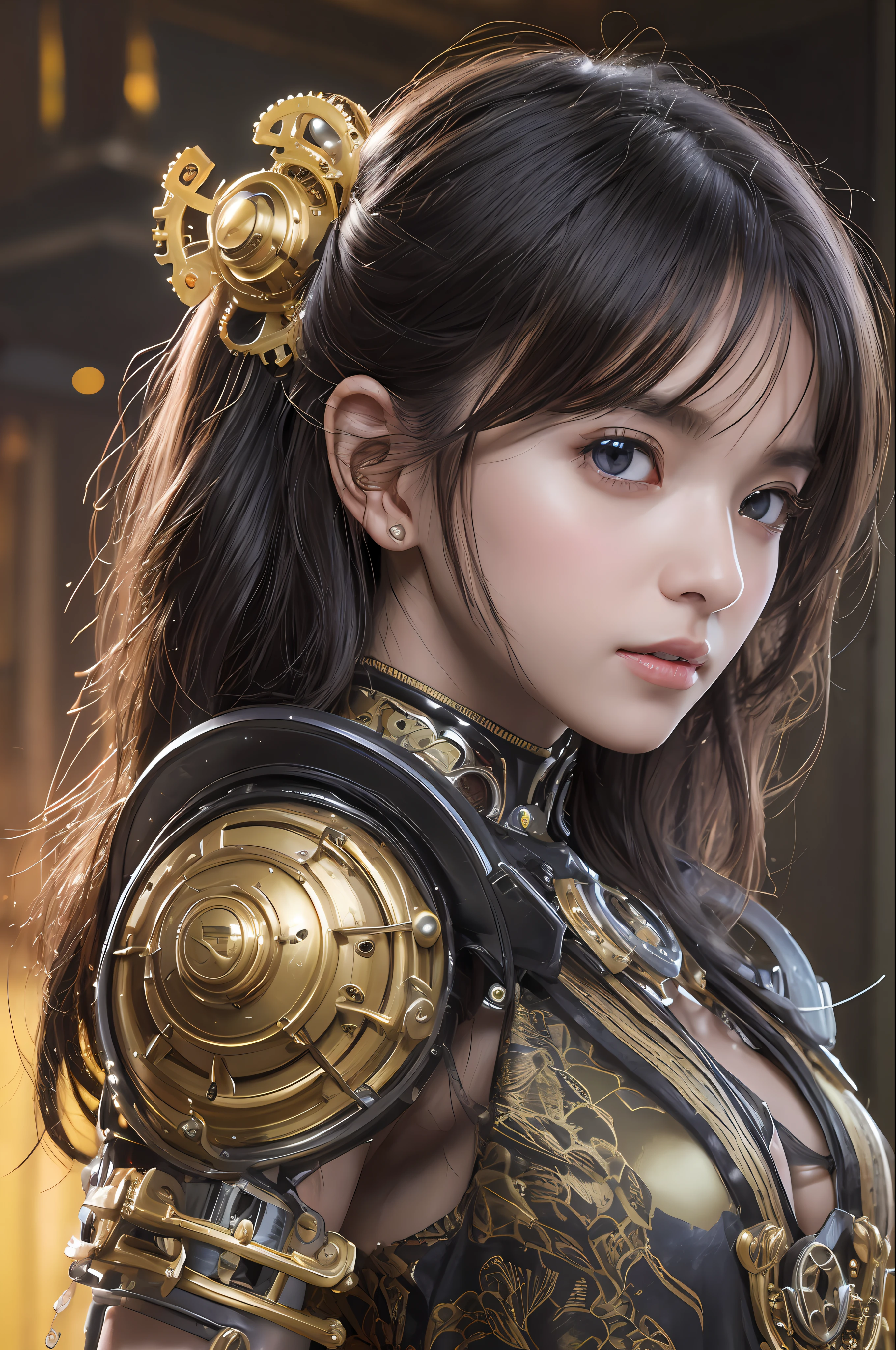 Top Quality, Masterpiece, Ultra High Resolution, (Photorealistic: 1.4), Raw Photo, 1 Girl, Black Hair, Glossy Skin, 1 Mechanical Girl, (Ultra Realistic Details)), Portrait, Global Illumination, Shadows, Octane Rendering, 8K, Ultra Sharp, Big, Cleavage Exposed Raw Skin, Metal, Detail of Intricate Ornaments, steampunk details, analog meters, gears, gears, golden hydraulic cylinders, very intricate details, realistic light, CGSoation trends, purple eyes, glowing eyes, facing the camera, neon details, mechanical limbs, blood vessels connected to tubes, mechanical vertebrae attached to the back, mechanical cervical attachment to the neck, sitting, wires and cables connecting to the head, Gundam, small LED lamps,