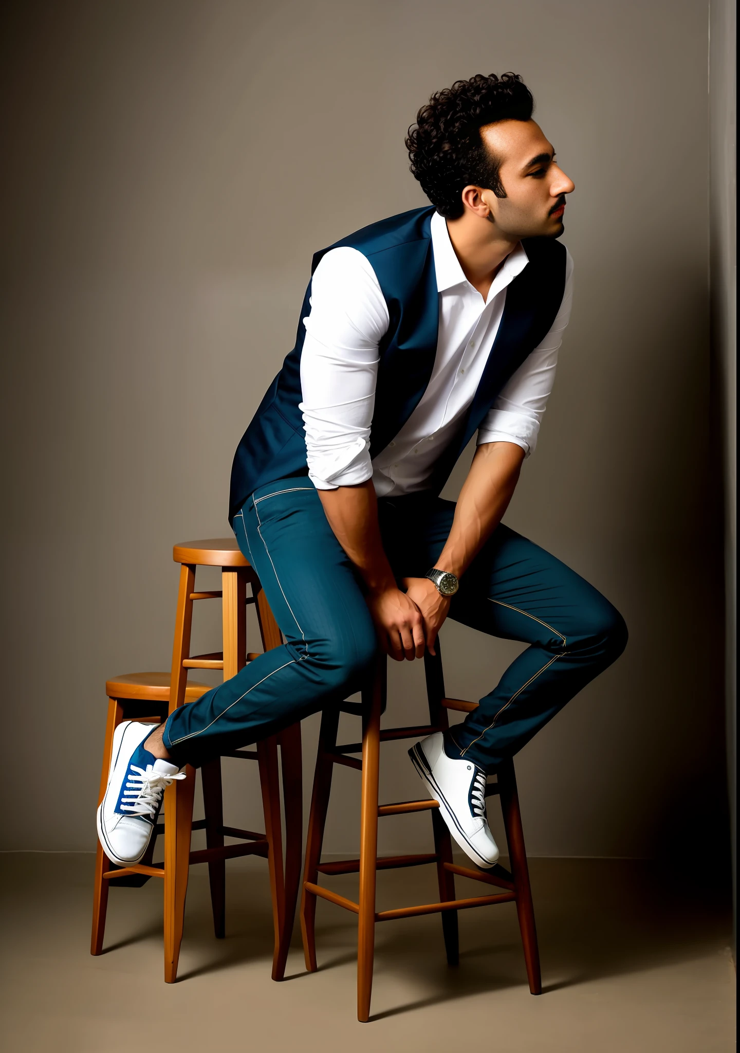 arafed man sitting on a stool with his feet on a stool, casual pose, sitting on a stool, siting in a chair, cool pose, sitting on a chair, sitting pose, in a chill position, thinking pose, promo shoot, various poses shooting photos, sitting down casually, sitting on chair, shooting pose, thinker pose, various pose, sittin