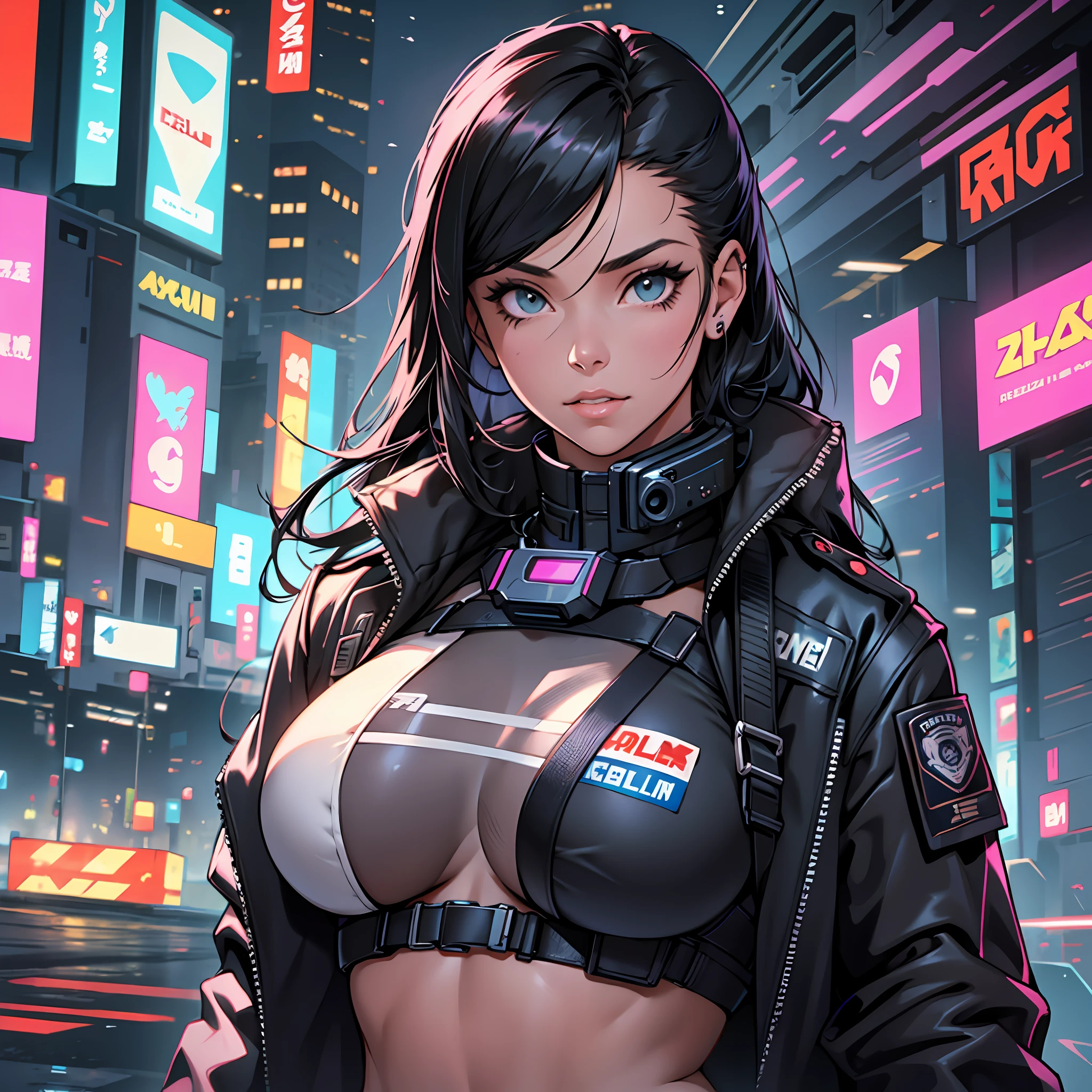 Cyberpunk girl, policeman, armed with a firearm, black hair, exposed chest, with delicate skin --auto --s2