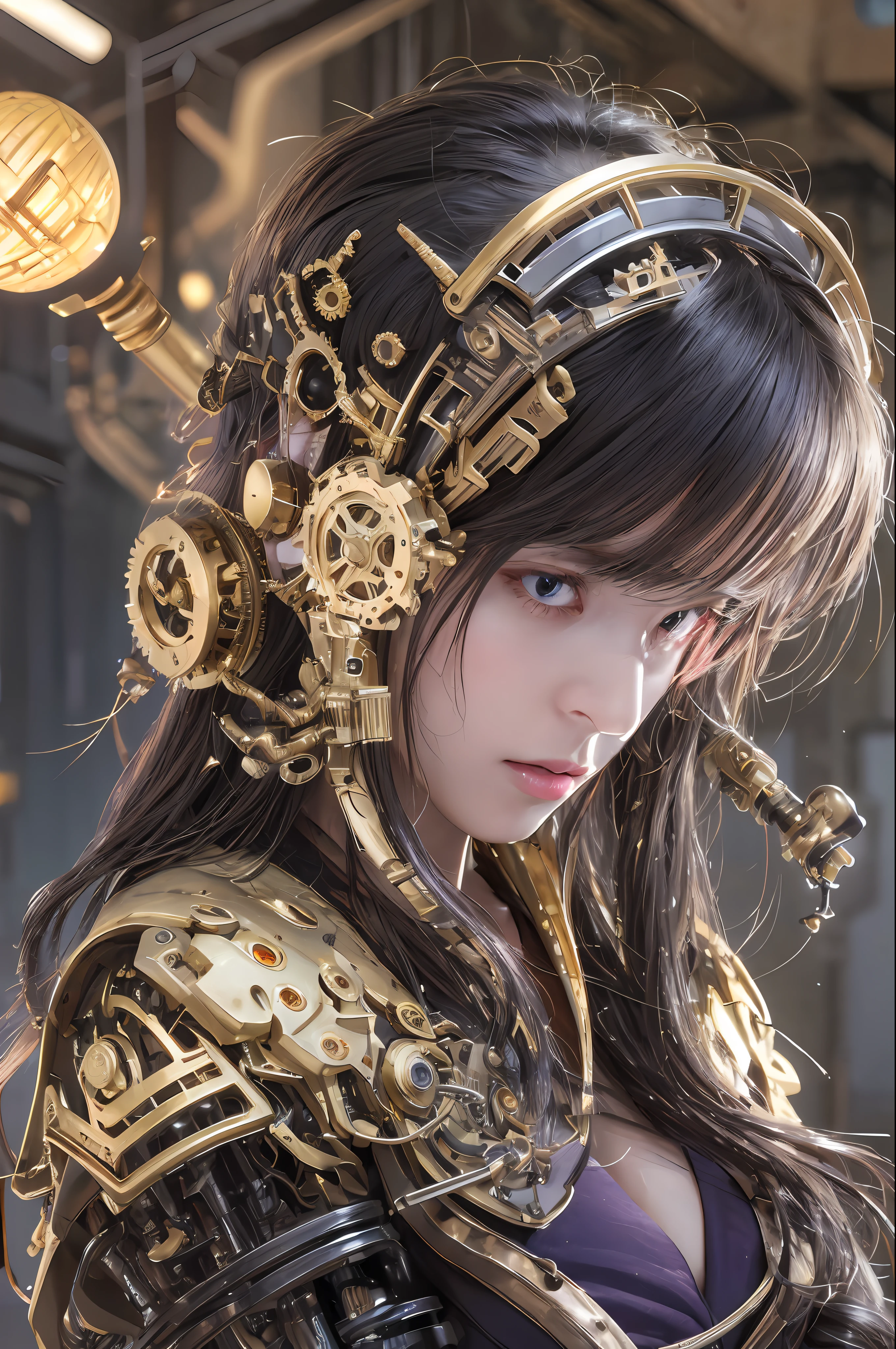 Top Quality, Masterpiece, Ultra High Resolution, (Photorealistic: 1.4), Raw Photo, 1 Girl, Black Hair, Glossy Skin, 1 Mechanical Girl, (Ultra Realistic Details)), Portrait, Global Illumination, Shadows, Octane Rendering, 8K, Ultra Sharp, Big, Cleavage Exposed Raw Skin, Metal, Detail of Intricate Ornaments, steampunk details, analog meters, gears, gears, golden hydraulic cylinders, very intricate details, realistic light, CGSoation trends, purple eyes, glowing eyes, facing the camera, neon details, mechanical limbs, blood vessels connected to tubes, mechanical vertebrae attached to the back, mechanical cervical attachment to the neck, sitting, wires and cables connecting to the head, Gundam, small LED lamps,