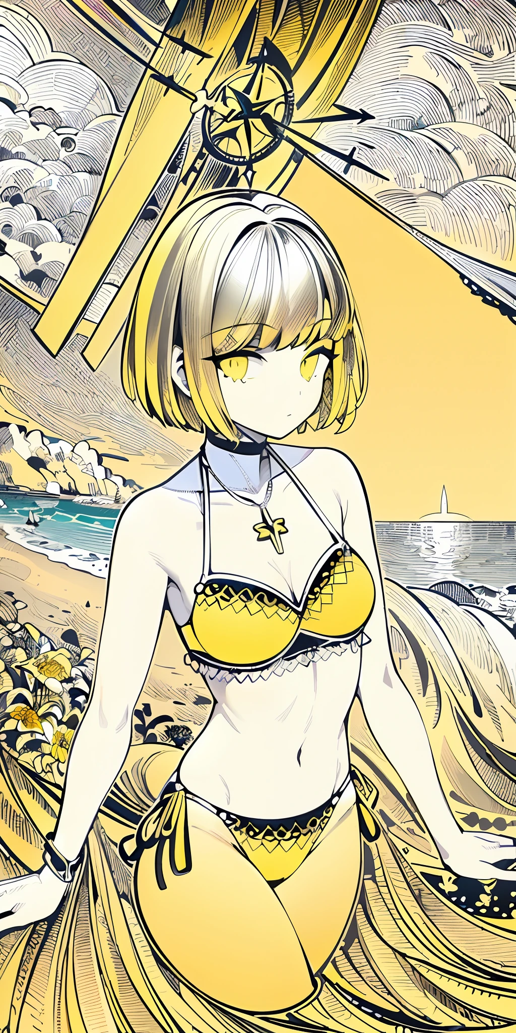 Nikkeanis, short hair, ear lenght hair, (monochromatic:1.5),(yellow accent:1.5), yellow bikini, tarot card, fine detail,((masterpiece)),(highest quality),(tarot ilustration),ilustration, close up, beach scenery.