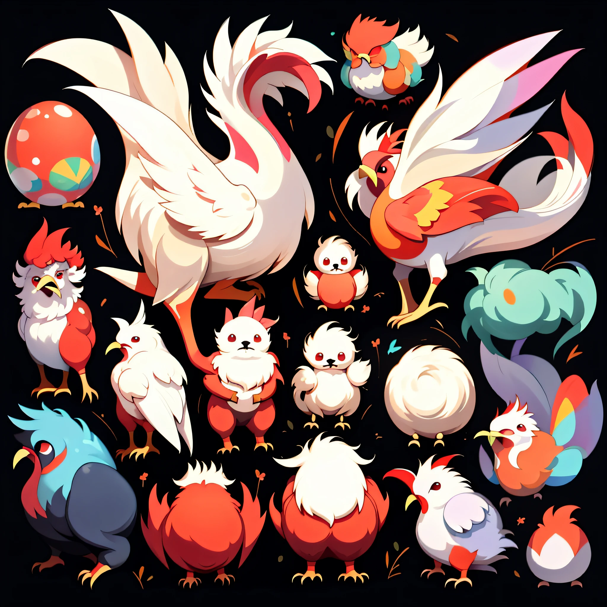 Sticker, 10 roosters, simple background, plain black background, no background, rear view, pov, topview