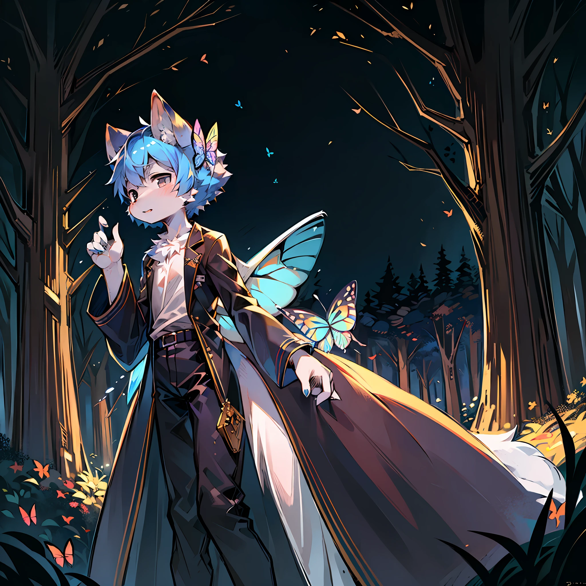 (Dark Environment: 0.8), Masterpiece, High Quality, Abstract Res, Digital Painting\(artwork\), by Dagasi, Yupa, Kiyosan, (Anthro, Fluffy Fur, Character Focus: 0.5), Anthro Male Fox, Butterfly, Short hair, fairy wings, portrait, flying, with butterflies surrounded, bright eyes, panorama, character focus. (Detailed background: 0.7), Solo, Furry, Furry Male, Male Focus, Anthr, (Full body fur, Fluffy tail, Pure white fur, Black eyes, Sky blue hair: 1.2), (Long canine, white top, wings: 1.2), (Wild, Forest, Butterfly, Firefly: 1.5), Junior, Forest background, Butterfly wings, Flying stance, Lots of butterflies around