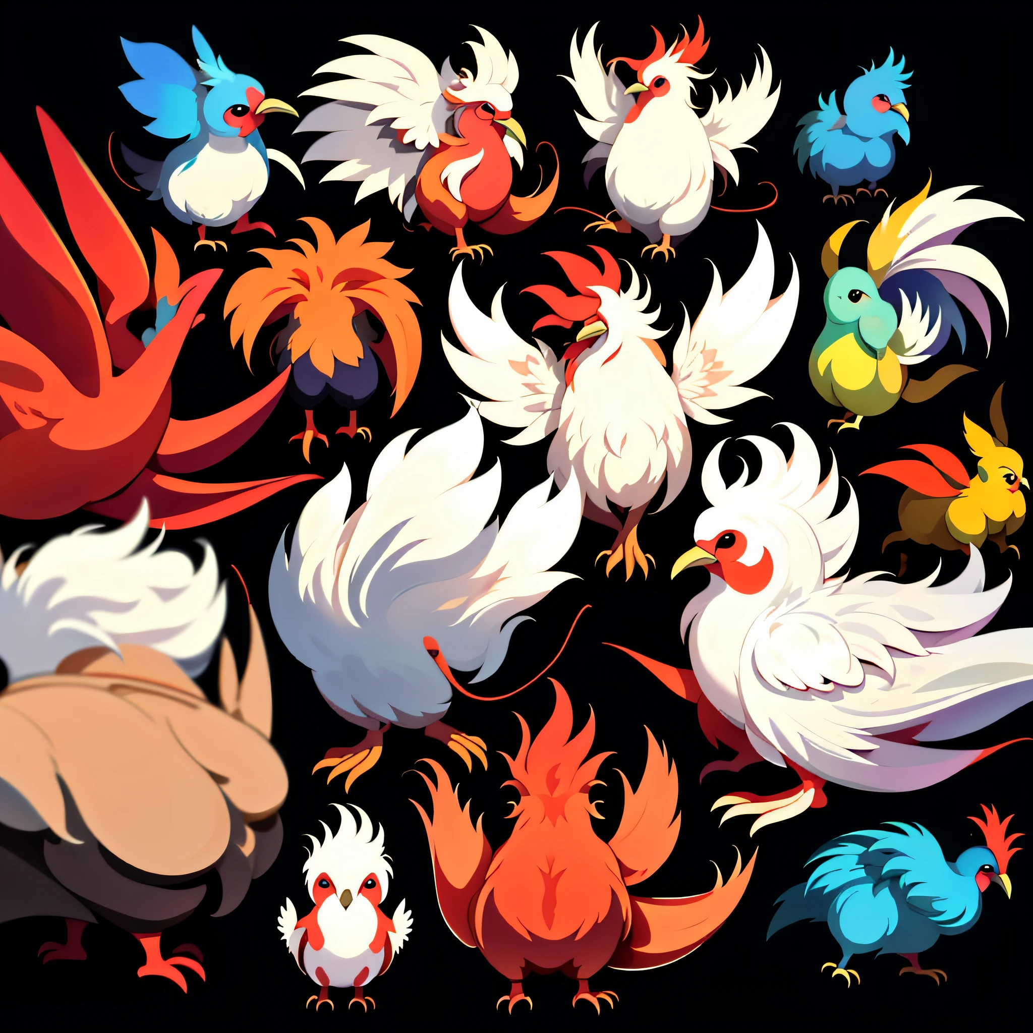Sticker, 10 roosters, simple background, plain black background, no background, rear view, pov, topview