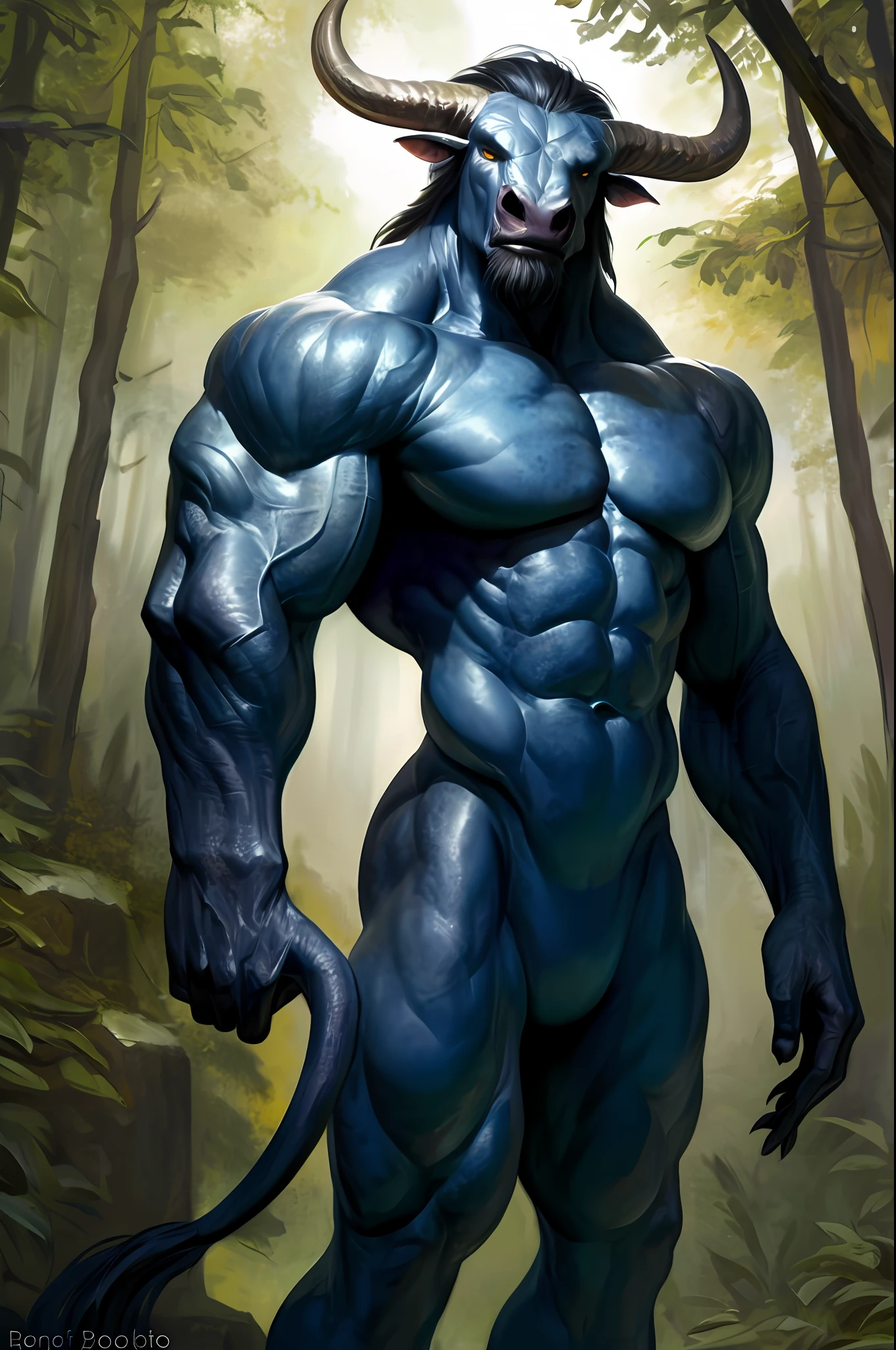 , by Bonifasko, anthro, solo, mighty, strong, powerful, enormous muscles, muscular body, minotaur, mesomorph, waist is very slim, shoulders is very wide, chest is very large, torso is very tall, small head, wall of incredible abs, mane, detailed forest background, standing, looking at viewer, male, front view