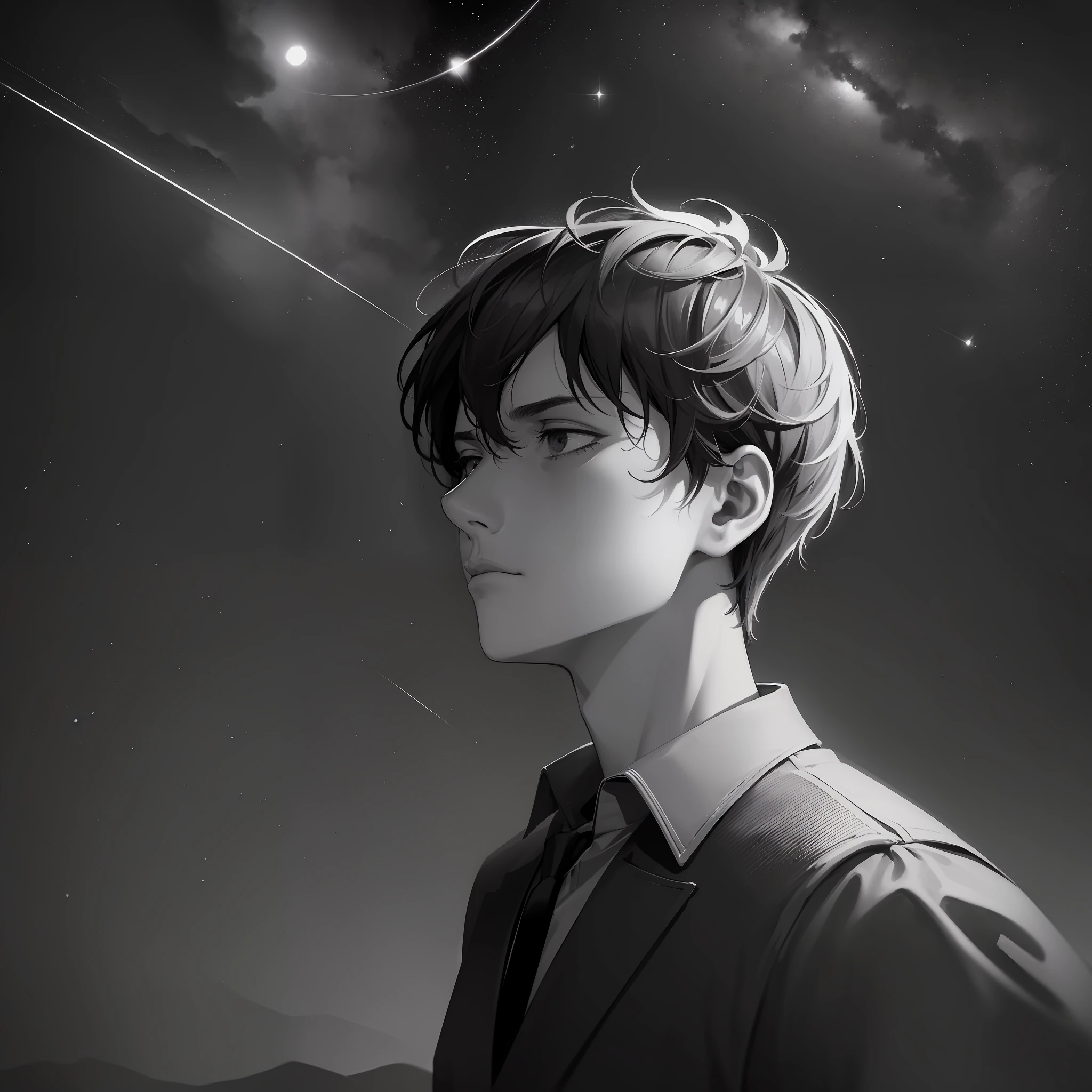 (best illumination, high contrast, dramatic, intense emotions), (a solitary man, staring upwards, caught in a moment of intense contemplation), meteor shower, cry, night scene, dark background.