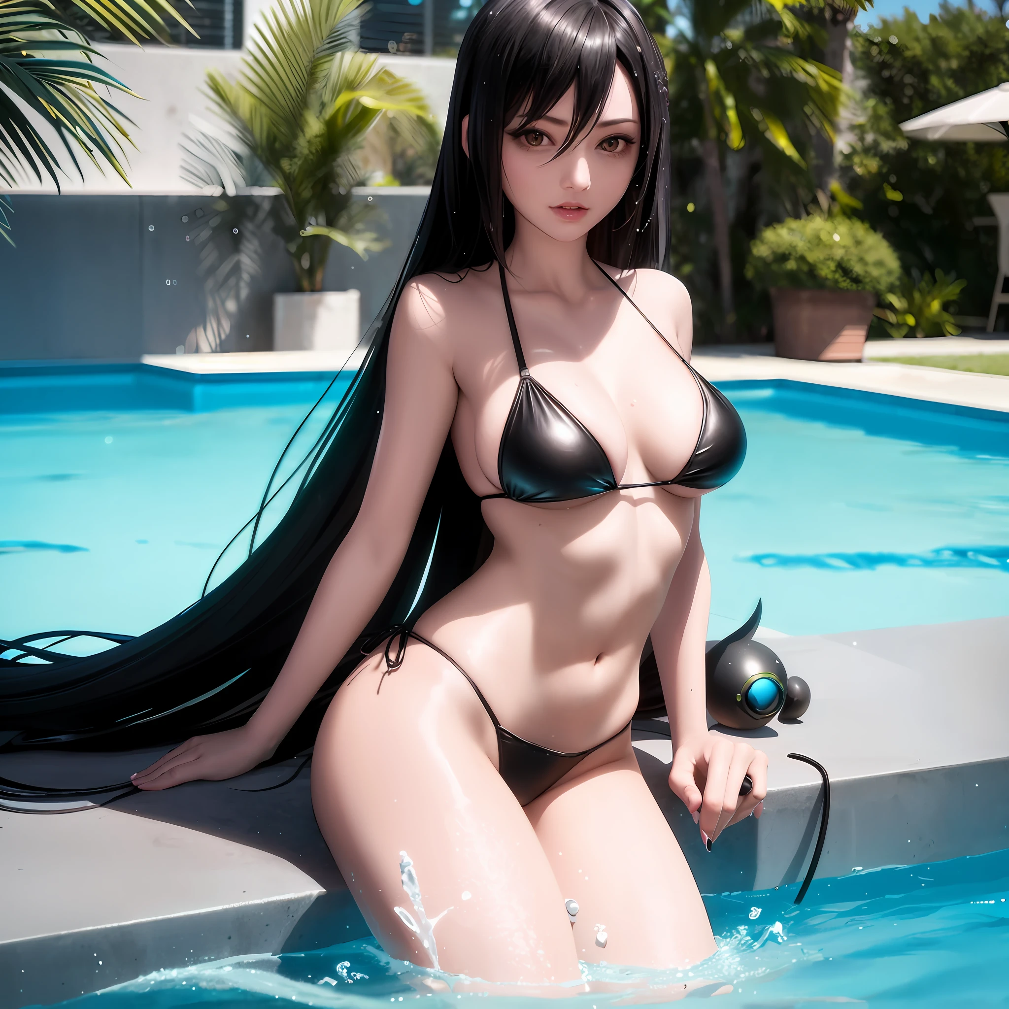 araffe in a black bikini posing in a pool, swimsuit, wet swimsuit, is wearing a swimsuit, sexy pose, oppai cyberpunk, irelia from league of legends, tifa lockhart, swimsuit model, bathing suit, cutesexyrobutts, irelia, range murata and artgerm, japanese goddess, tifa, seductive tifa lockhart portrait